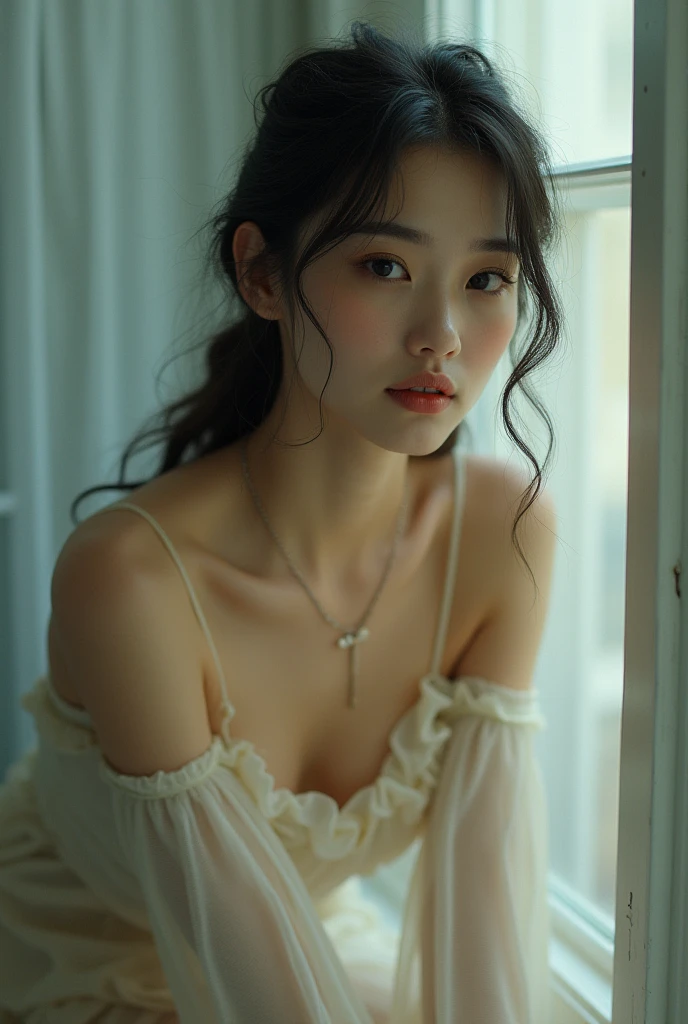 Kim sunoo looking submissive oh his knees, looking up wearing a white loose shirt slipping pff his shoulders, eyes filled with tears cheeks flushed wearing a choker but not a amine character 