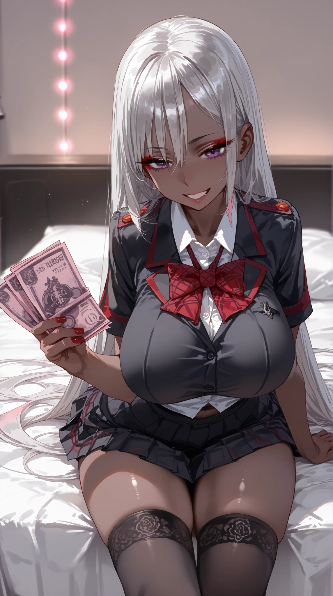 score_9,score_8_up,score_7_up,source_anime,rating_explicit,absurdres,very aesthetic,best quality,masterpiece,very detailed face,zPDXL2 BREAK 1girl,improve,straight hair,silver hair, (dark tone skin:1.3), black purple eyes,RED eyeliner, big breasts,  female high school uniform , black_thighhighs BREAK naughty_face,naughty,bent_over,happy,holding money, Sitting on the bed in a love hotel、A dark room illuminated by pink lights