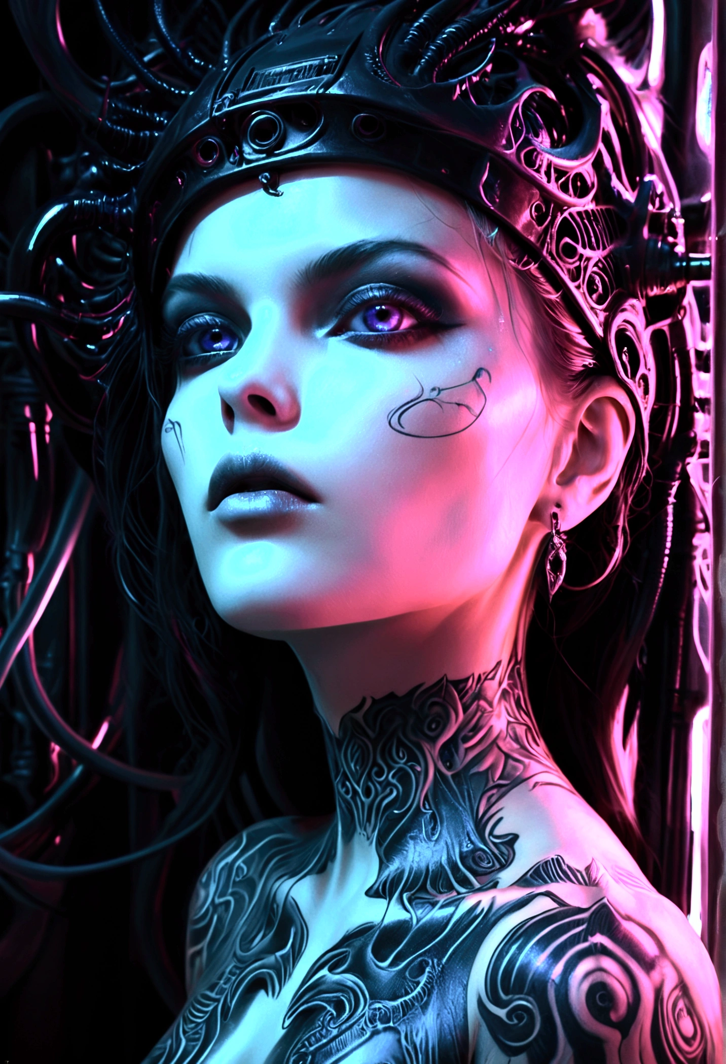 Hr giger tattooed sexy seductive dead girl, perfect face, hyper detailed neon ruby eyes, full body view,