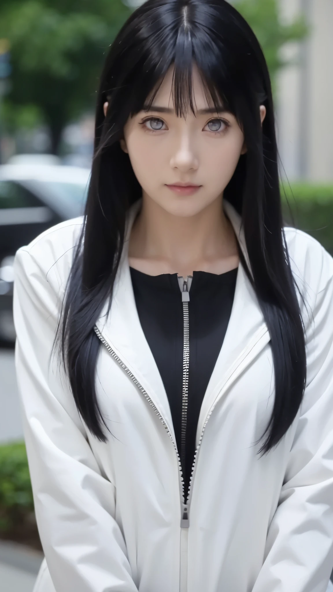 a close up of a person with long hair and a white jacket, hyuga hinata, hyuga hinata from naruto shippuden, as an anime character, perfect anime face, she has black hair with bangs, shemale anime character, anime character, anime best man, hime cut hairstyle, black hair, white eyes, byakugan eyes, smile, realistic, ultra detail, city background, (beautiful face:1.3)