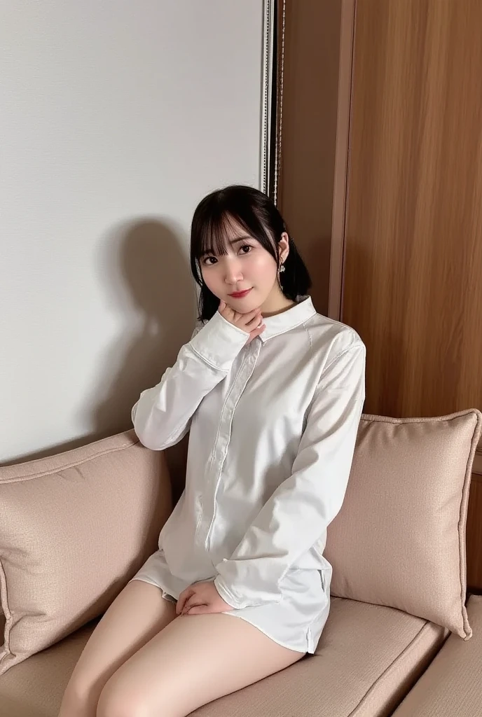 Dressed in a white hoodie and jeans, at Starbucks Coffee, drinking coffee. Top Quality, Photorealistic, 8k, High Definition, 1 Girl, Female, (Medium: 1.8), F1, Lace Queen, Skirt Boldly Rolled Up, At Work, (((Sit at a desk and open your legs wide)), Open your legs with your knees bent, Little short hairstyle, Stockings, Cleavage, Slender,