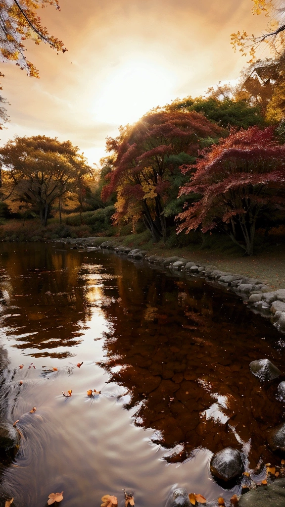 An enchanting autumn landscape with vibrant shades of orange, red, and yellow leaves on trees and scattered across the ground. Gentle winds carry delicate flower petals falling gracefully, blending with the autumn leaves. The scene is serene, with soft golden sunlight filtering through the branches, casting warm glows on the ground. A tranquil stream reflects the falling petals, adding a touch of calm and elegance to the autumnal atmosphere. The mood is peaceful and dreamy.