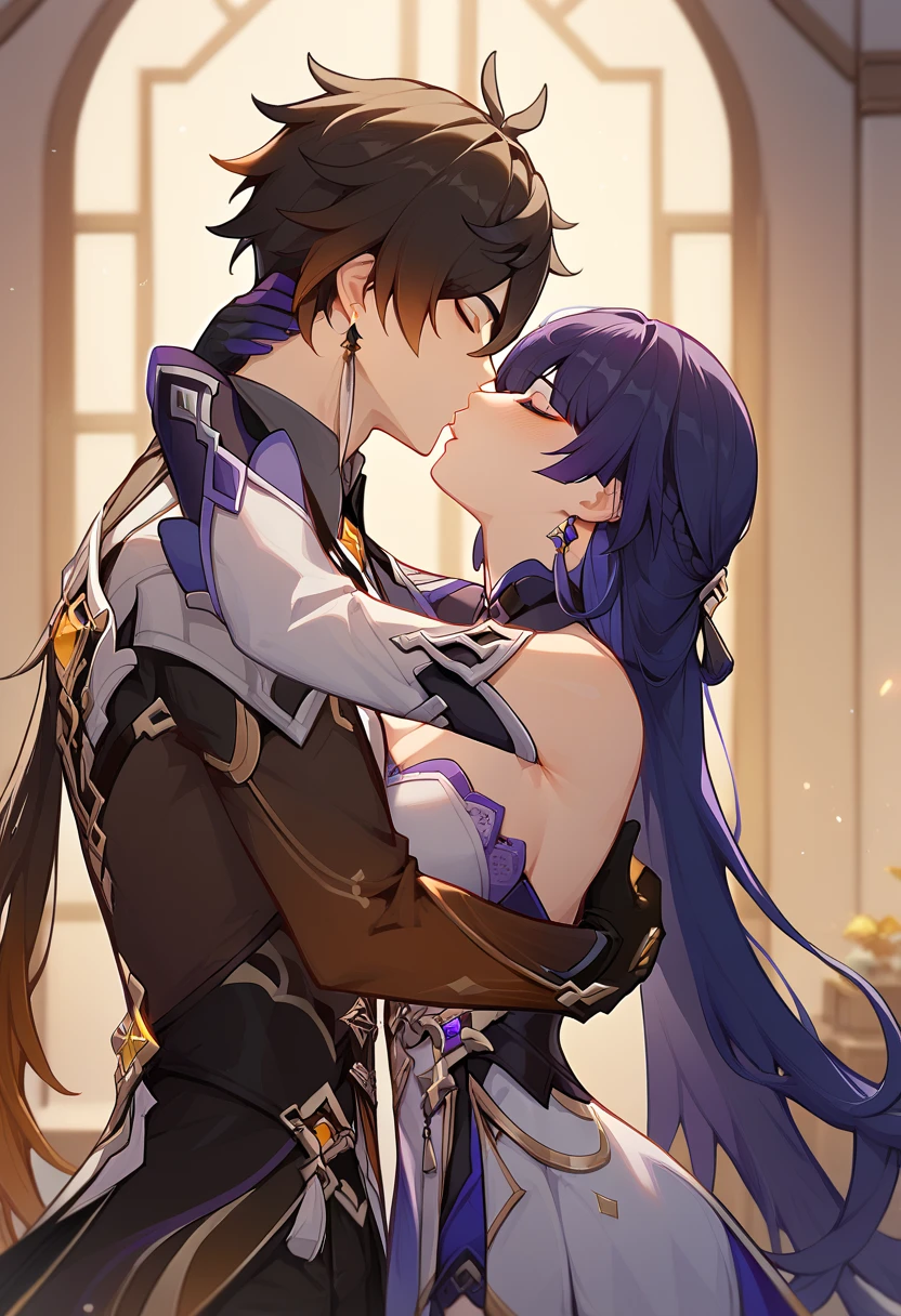 1 boy , 1 girl, grey hair, purple hair, raiden me,zhongli,kiss ,hug, zhongli kiss raiden,zhongli Genshin,raiden honkai impact