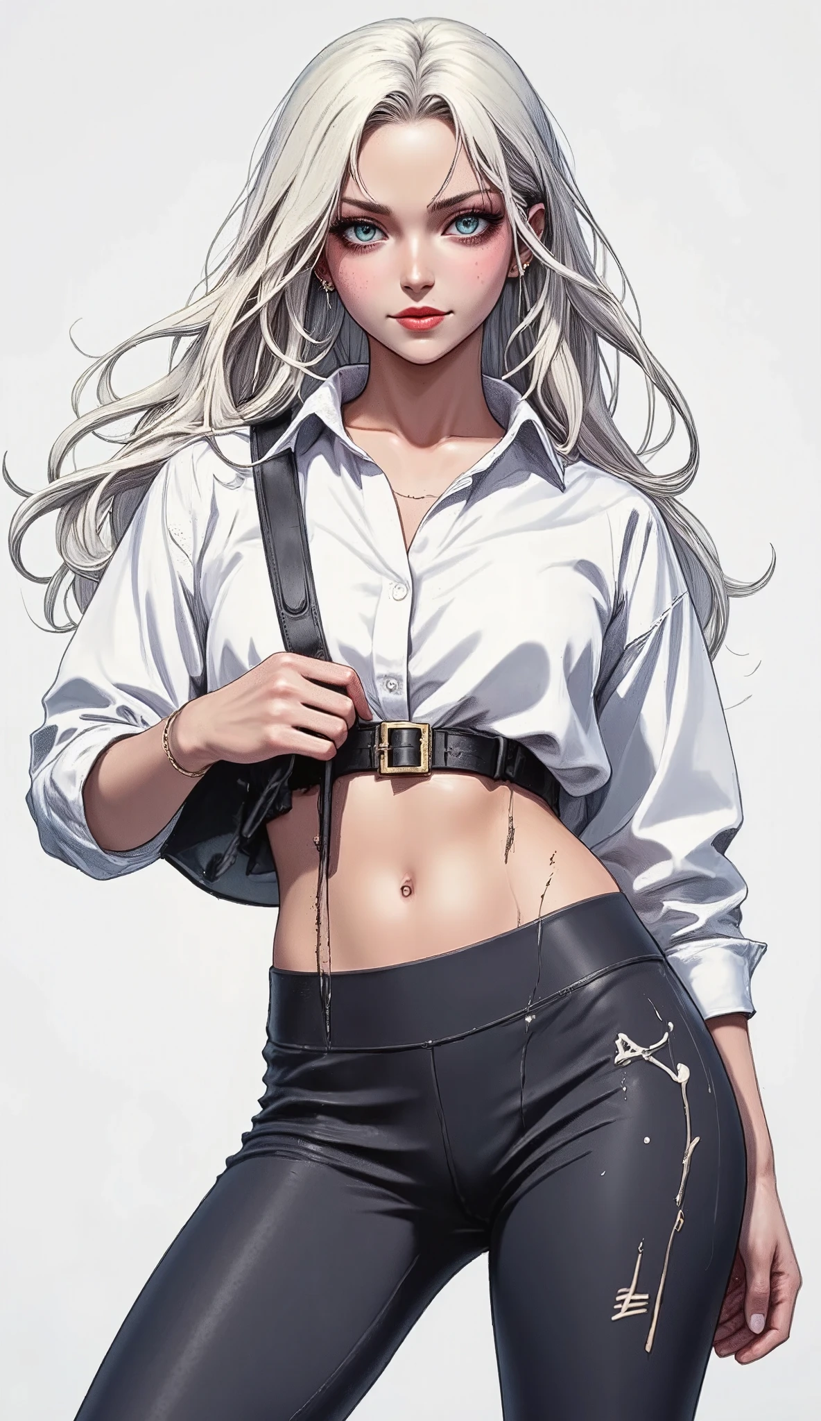 ( hyperrealistic), ( illustration), ( High resolution), (8K), ( belt), (best  illustration), ( beautiful and detailed eyes ), ( best quality), (ultra-detallado), ( masterpiece), (  wallpaper), ( detailed face ), Alone,  a girl, white wavy hair, Korean, heterochromic eyes, small moles under the eyes, loose white shirt,  yoga pants ,  big breasts,  long legs , tight abs , camel toes,  dynamic pose   