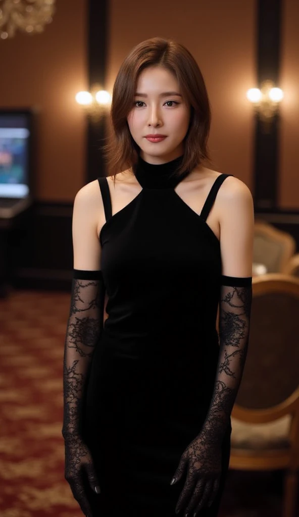 (Super Photographic, realism photo ), Front view , standing pose, Full body, on floor in Casino,  1 girl, mature female ,beautiful face, Korean girl ,Shin Sekyung, (middle hair, light brown, fringe, little lip, serious ,impertinet face) , Black evening dress , black lace long glove, in casino, ((anatomically correct, textured skin, masterpiece, Highest quality, masterpiece, God-like quality, Godly art, Very realistic))