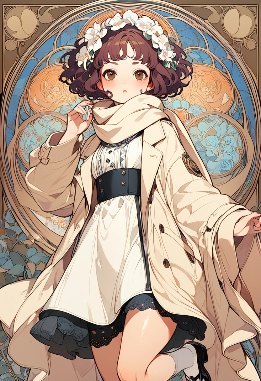 Trench Coat and Scarf, 1 dolly girl, solo, little fat, brown eyes, forehead, black messy curly bob hair, drooping eyes, very cute, elegant action pose, luxury, majesty, underwear, legs, footwear, magazine cover, english text, Alphonse Mucha: art-nouveau style, Gustav Klimt style,