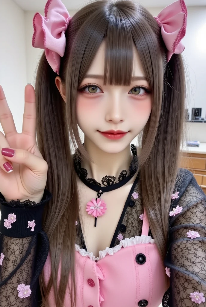 ((Pink Hair))、((Pink Hair))、((Twin tails))、((Highest quality、8k、masterpiece))、Sharp focus:1.2、((Big smile))、Small fox ears、Cute 17 year old girl with perfect figure:1.4、Slim Abs:1.2、((Dark brown hair))、street:1.2、Highly detailed face and skin texture、fine grain、The chest is exposed、double eyelid、shoulder、Close-up of a woman in a kimono posing for a photo、Japanの女神、Japan人モデル、white、((Small breasts))、Shrine maiden costume、Japan、Drawing attractive anime girls。Cleavage