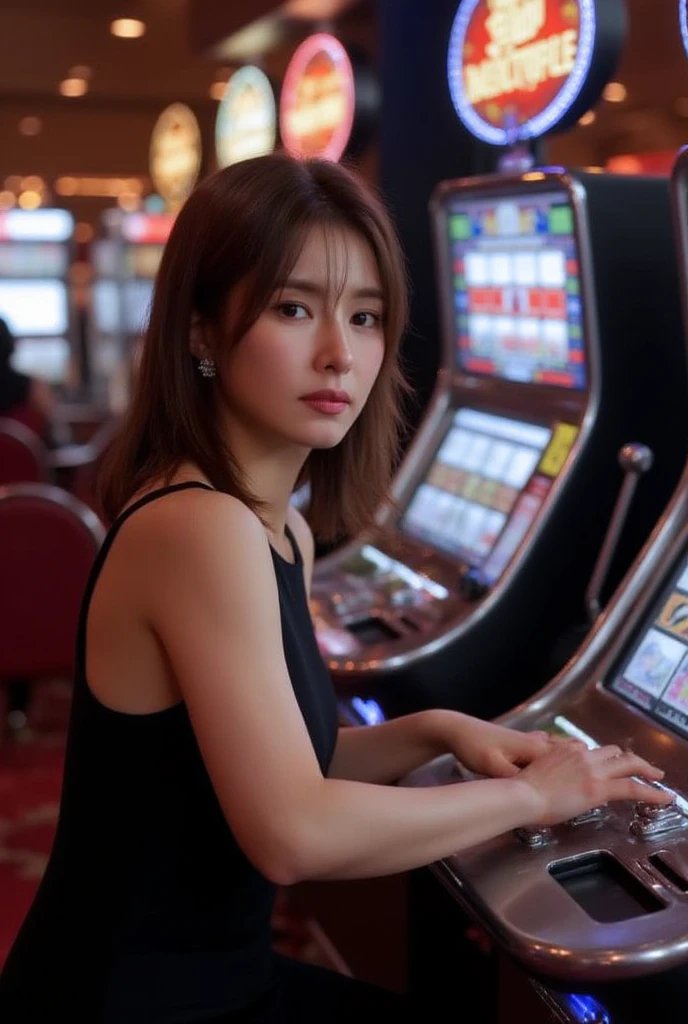 From above view, 1 girl, mature female, solo ,beautiful face, Korean girl ,Shin Sekyung, (middle hair, light brown, fringe, little lip, serious ) play gamble, in casino, sitting play on chair, play Slot machine, ((anatomically correct, textured skin, masterpiece, Highest quality, masterpiece, God-like quality, Godly art, Very realistic))