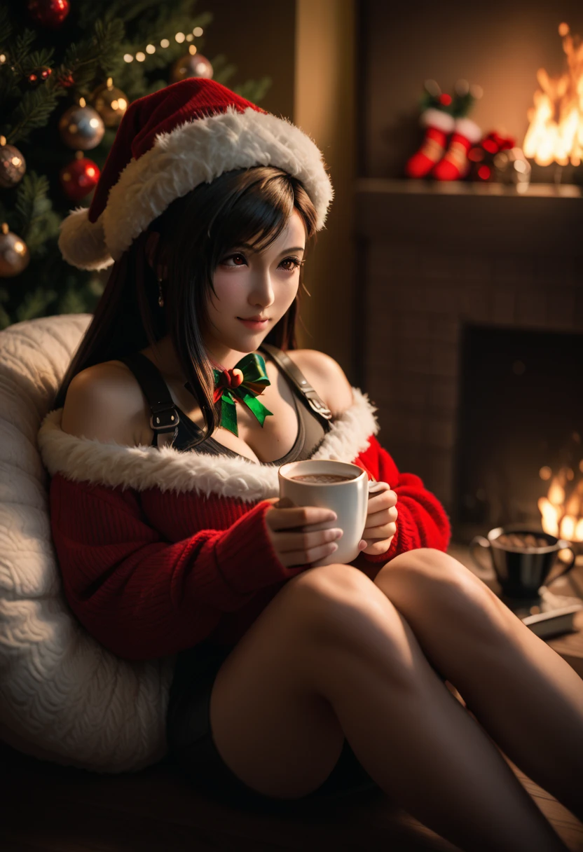 Tifa Lockhart cute and adorable sexy and alluring in sexy elf clothes for Christmas fireplace, hot cocoa beanbag