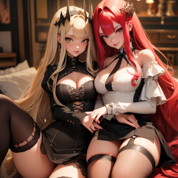 ((a girl sitting with her legs open on another girl's lap)),(masterpiece, best quality:1.4), absurdres, highres, ultra detailed, beautiful, (perfect face, detailed face, beautiful:1.3),(breasts exposed), no gloves) black pencil skirt, tight, over the knee skirt, thighhighs, thick thighs, thighs,Garter Belt Stocking Fishnet, More detailed 8K.motor irreal:1.4,UHD,La mejor calidad:1.4, fotorrealista:1.4, textura de la piel:1.4, obra maestra:1.8,obra-prima, mejor calidad, (detailed face features:1.3),(manos detailed)