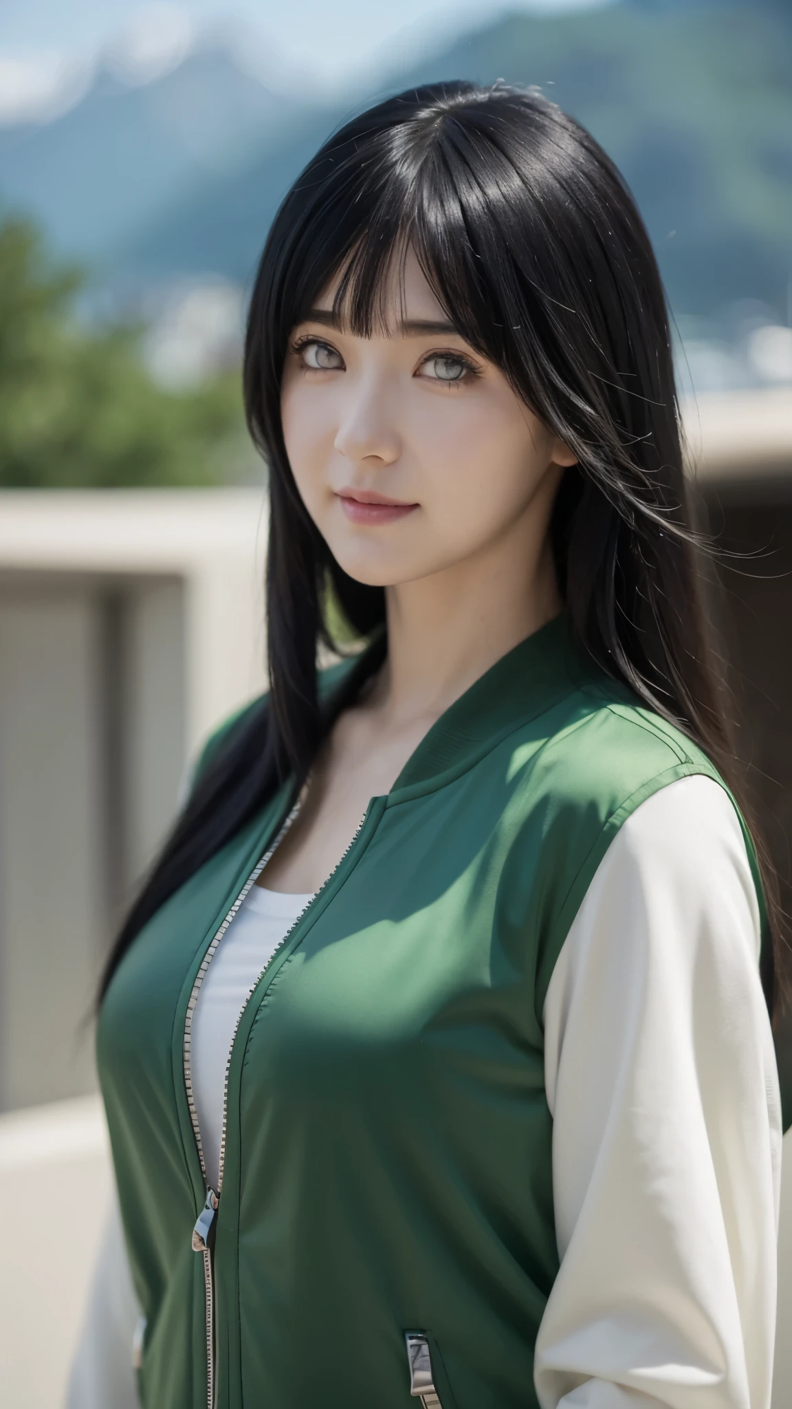 a close up of a person with long hair and a green jacket, hyuga hinata, hyuga hinata from naruto shippuden, as an anime character, perfect anime face, she has black hair with bangs, shemale anime character, anime character, anime best man, hime cut hairstyle, black hair, white eyes, byakugan eyes, very big tits, smile, realistic, ultra detail, city background, (beautiful face:1.3)