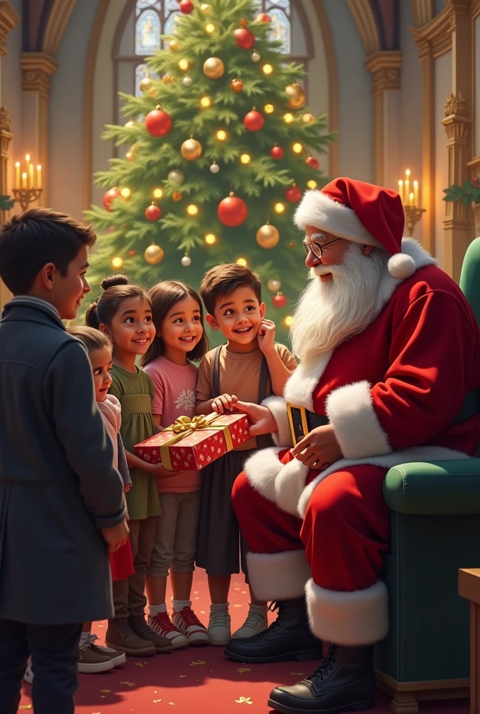 Group of orphan  s getting gifts from santa inside church near christmas tree