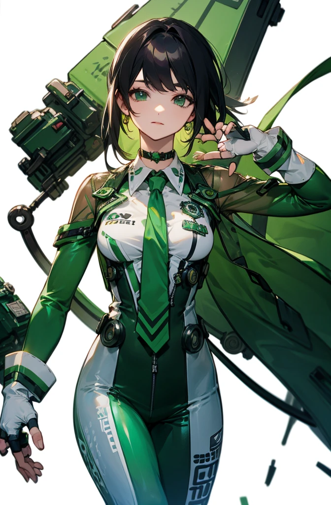 green bodysuit,green necktie,choker,see-through,fingerless gloves,clothes writing,mechanical parts,white gloves