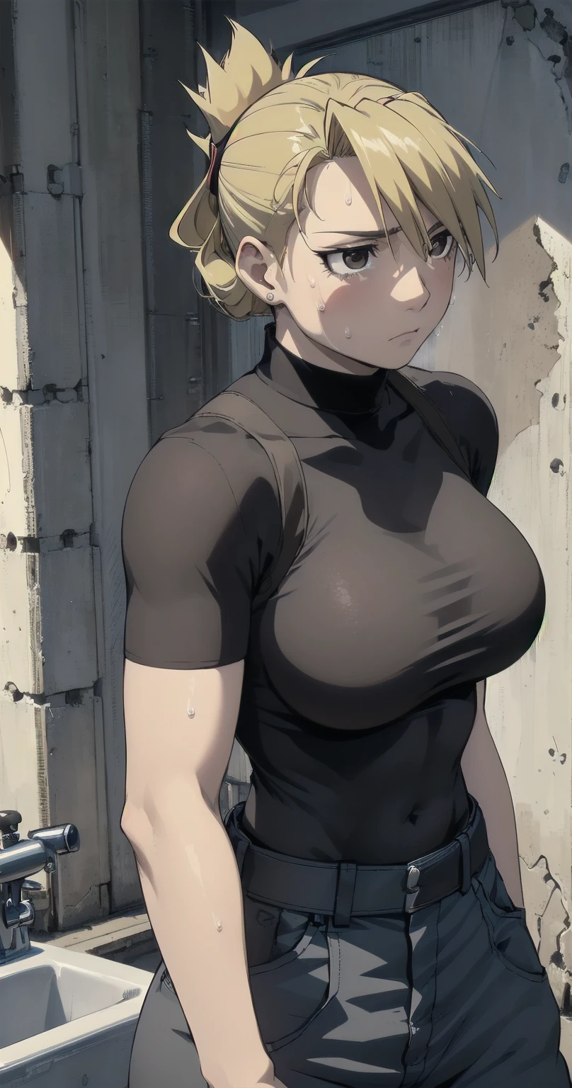 masterpiece,  top quality ,  high res,  One Girl , Hamriz,  ponytail,  brown eyes,big ,   black shirt ,   Tight Shirt  , , Short sleeve, belt,  covered navel , blue pants ,indoor、 upper body close-up、 muscular body flowing through a bowl、、sweat、Composition from the front、Anime、((( person highlighting gray、 big boobs in the tub、Exposing both sides、sweat、Expectations)))