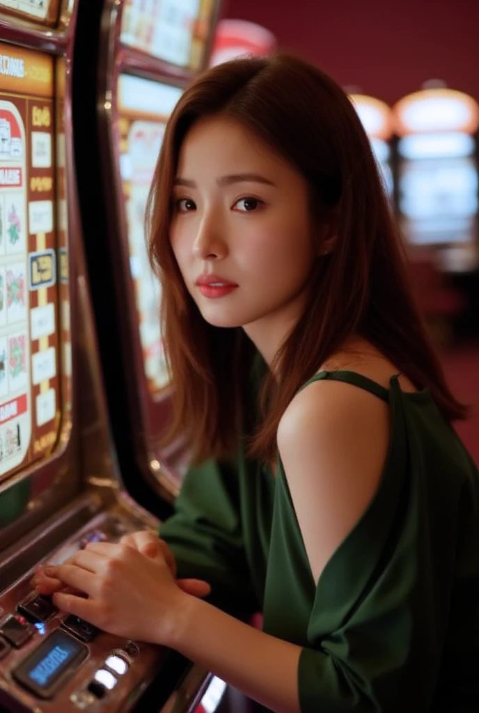 From above view, 1 girl, mature female, solo ,beautiful face, Korean girl ,Shin Sekyung, (middle hair, light brown, fringe, little lip, serious ) play gamble, in casino, sitting play on chair, play Slot machine, ((anatomically correct, textured skin, masterpiece, Highest quality, masterpiece, God-like quality, Godly art, Very realistic))