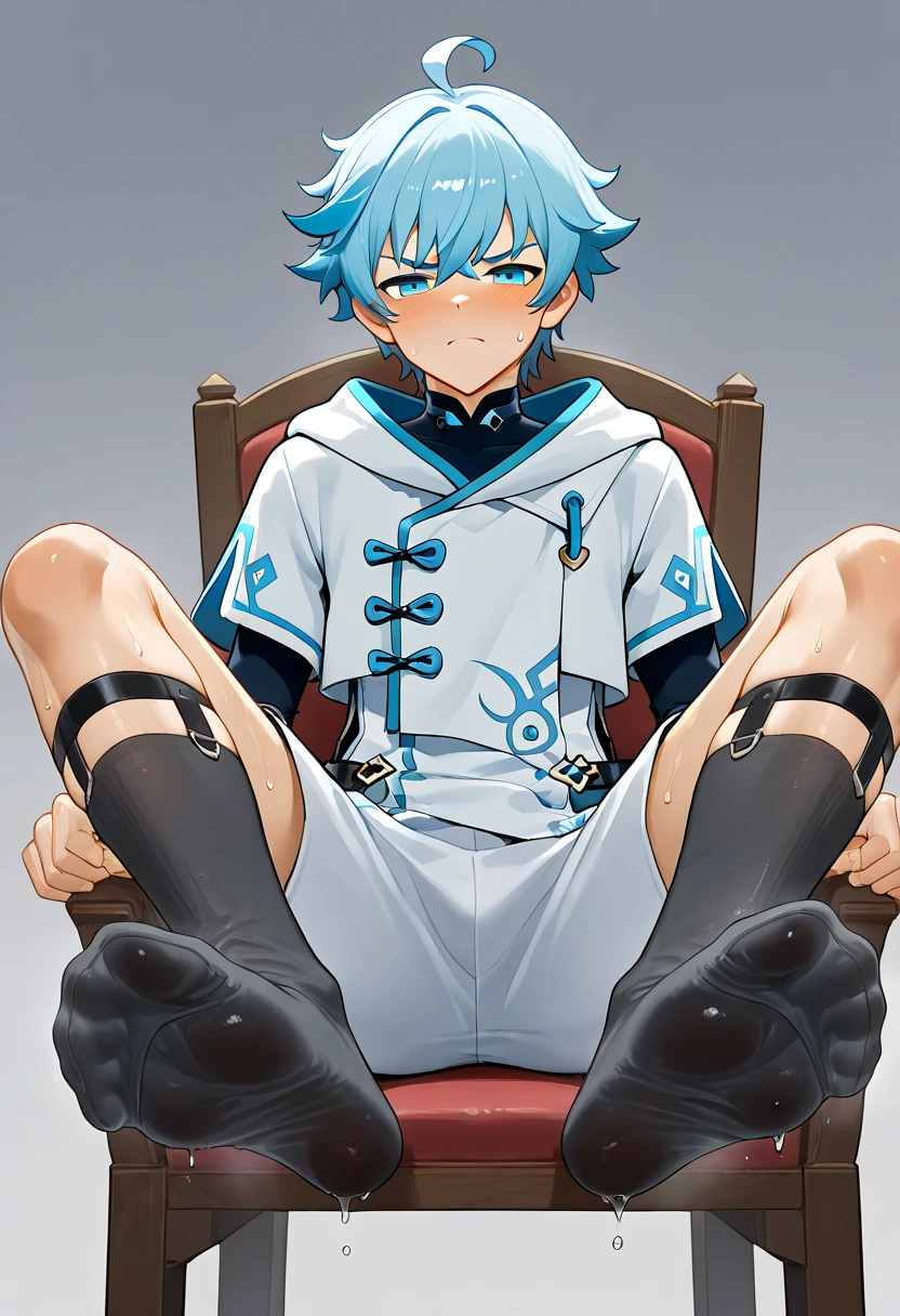 Chongyun Liyue Genshin Boy feet scrunching his sweaty soles sitting on chair big dick  serious face black wet socks