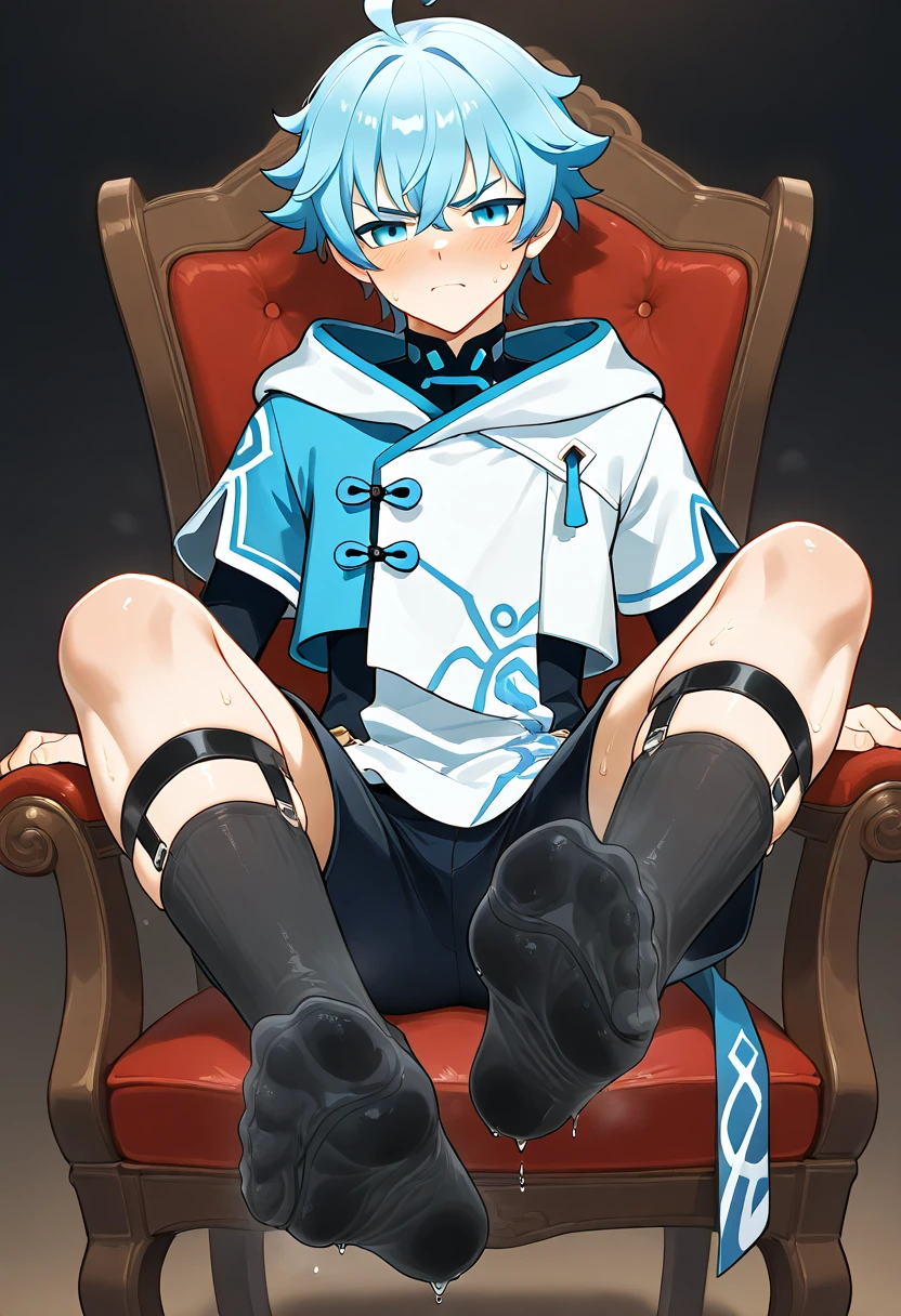 Chongyun Liyue Genshin Boy feet scrunching his sweaty soles sitting on chair big dick  serious face black wet socks