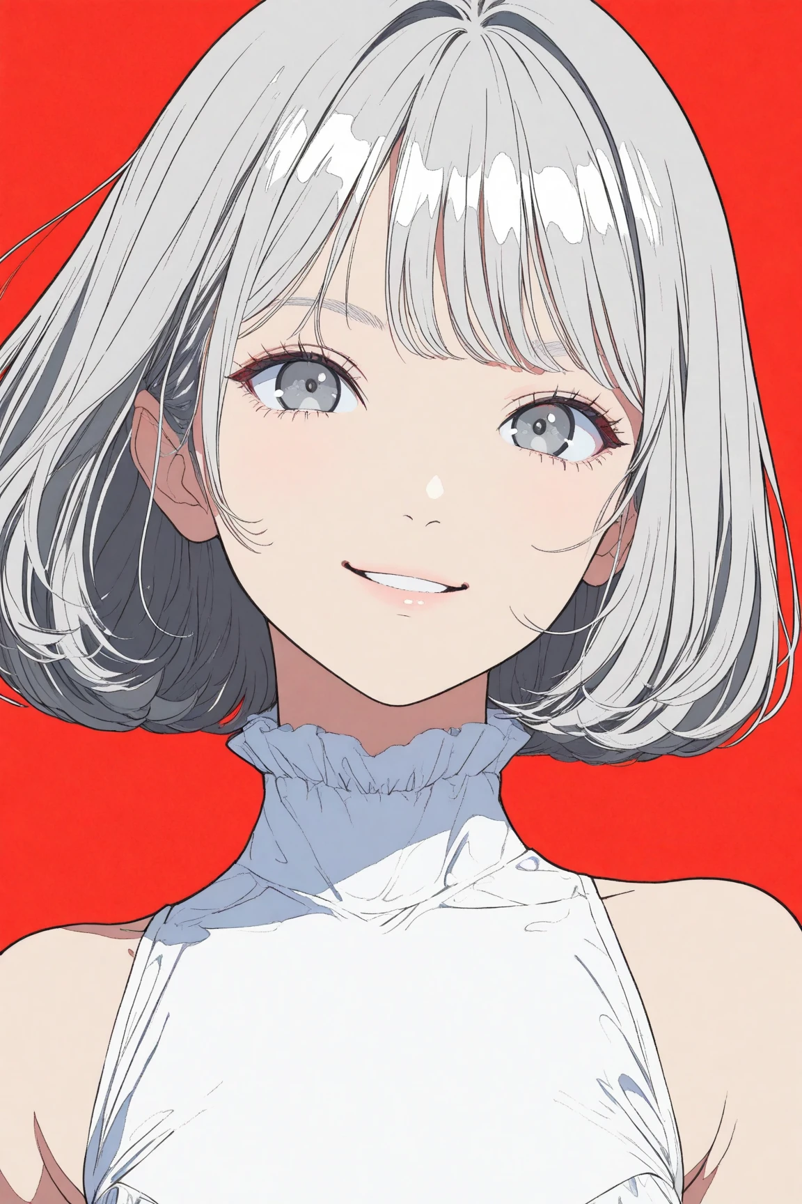 pops art style illustration, flat color illustration, vector trace illustration, not realistic, 2d shading, 1 beautiful girl, solo, masterpiece, top quality, excellent anatomy, red background, small breasts, silver hair, bob hair, bright gray eyes, white dress, detailed hair, smile, feminine gestures, silhouette,