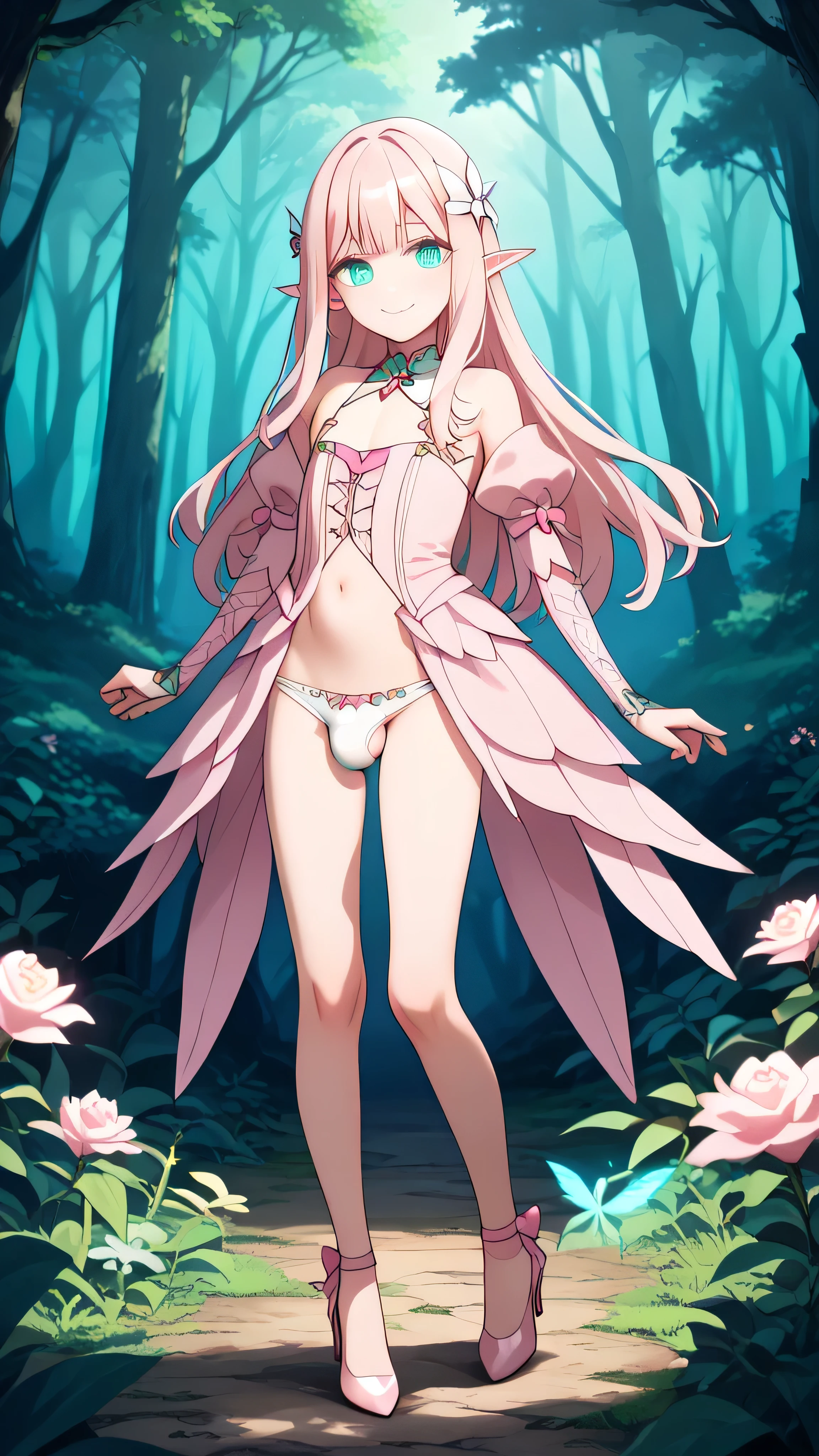 (((best quality))), (((masterpiece))),  elven forest, elf, (((23 years old))), (((fake girl, otoko no ko, femboy))), (((light pink long hair, turquoise_eyes, flat chest))), crossdressing, pink fairy costume, cutout navel, (bulge:1), pink high heels, uncensored, fullbody, light smile