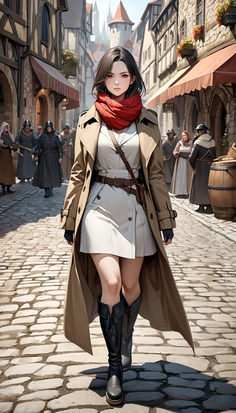 A military woman wearing a trench coat walks confidently through a medieval cobblestone street gathering the attention of the townspeople, She wears a scarf around her neck and black engineer boots, The scene is depicted in watercolor with a front-facing viewpoint to emphasize her commanding presence, full body shot, silk oversized scarf, UHD, retina, masterpiece, accurate, anatomically correct, textured skin, super detail, high details, high quality, award winning, best quality, highres, 16k