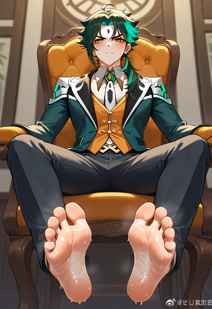 Xiao Liyue Genshin Boy feet scrunching his sweaty soles sitting on chair big dick  serious face