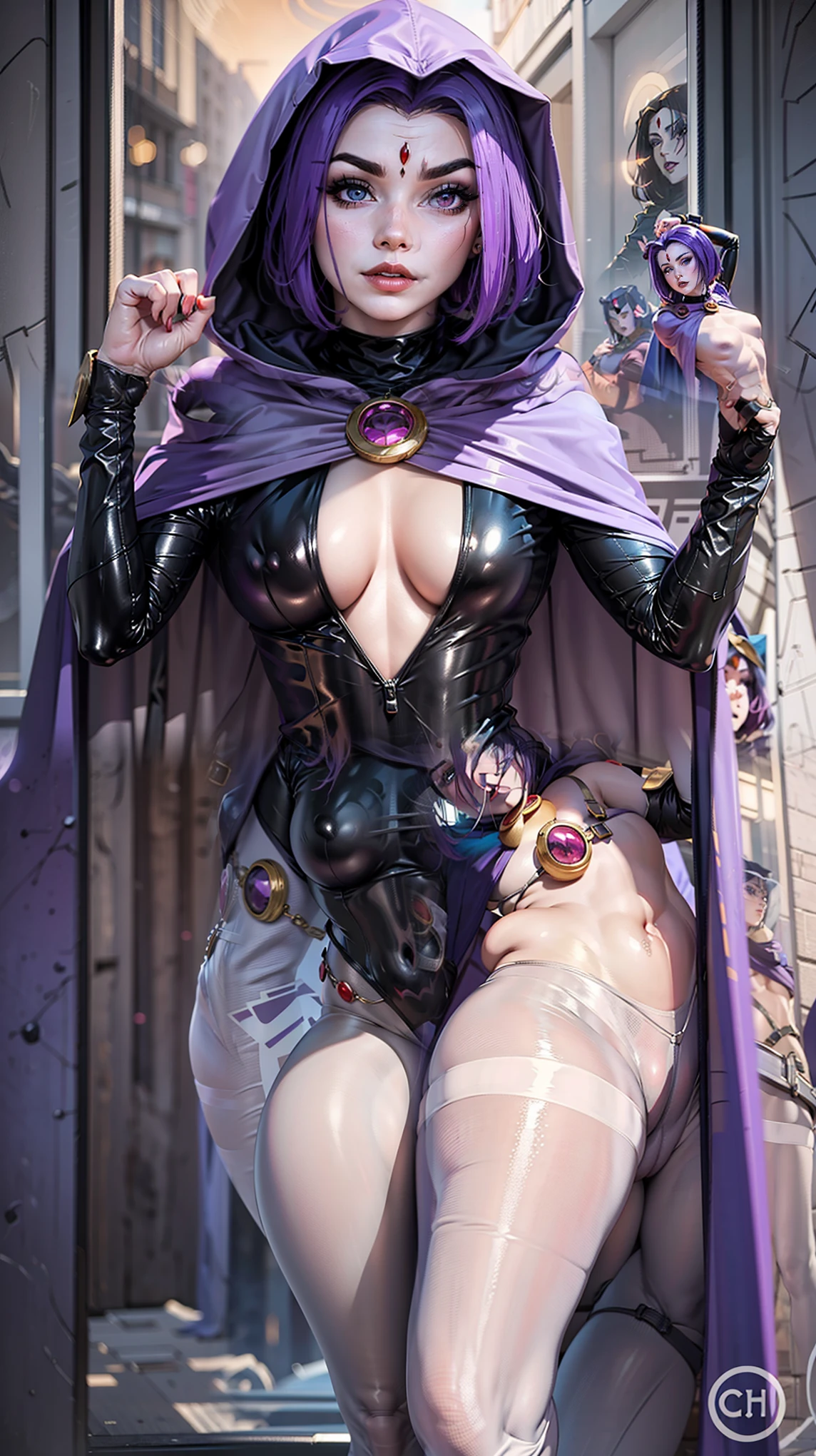 illustration of Raven from DC Comics, 1 girl, voluptuous, amazing detailed big booty, Raven, turtleneck, Black leotard, Black cape, hood, purple hair, forehead jeEmel, purple eyes, short hair, Belt, tight skin, standing, cleavage, toned, pose, night , moonlight, ((posing)), movement lines, torso, upper body, portrait, B&Em. contour, in anime tarot card art style, elegant, glamorous, reflection, shine, shading, pantyhose 40 dinier, small