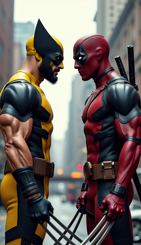 Make an image of messi wearing deadpool custome and ronaldo wearing wolverine make it Releastic