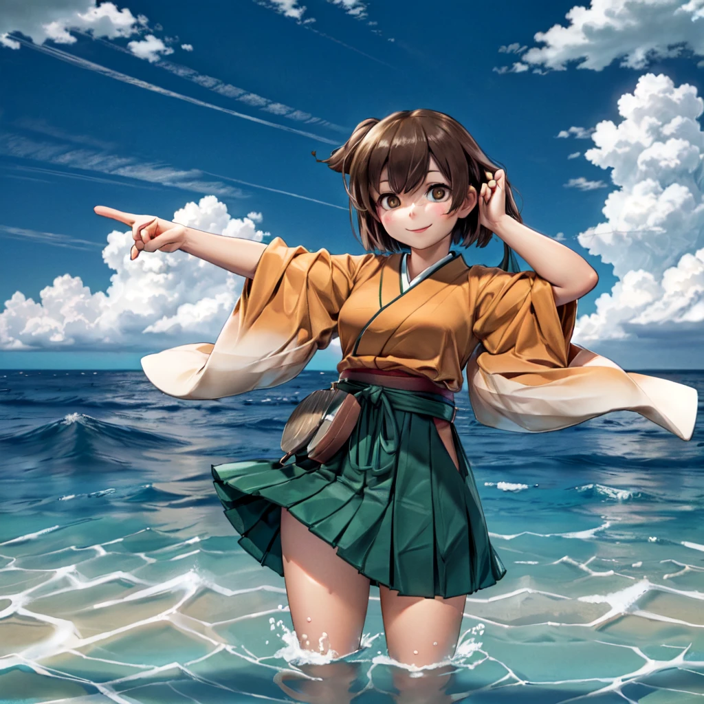 (masterpiece), (best quality), (ultra-detailed), photorealistic, (best illustration), (an extremely delicate and beautiful),1girl, hiryuukc, orange kimono, one side up, brown eyes, brown hair, green hakama, hakama short skirt, [outstretched arms::0.35], smile, cowboy shot, detailed scenery, ocean, horizon, blue sky, cloudy sky, facing viewer, wading, [:(peace sign):0.35], [:(hand in own hair):0.35]