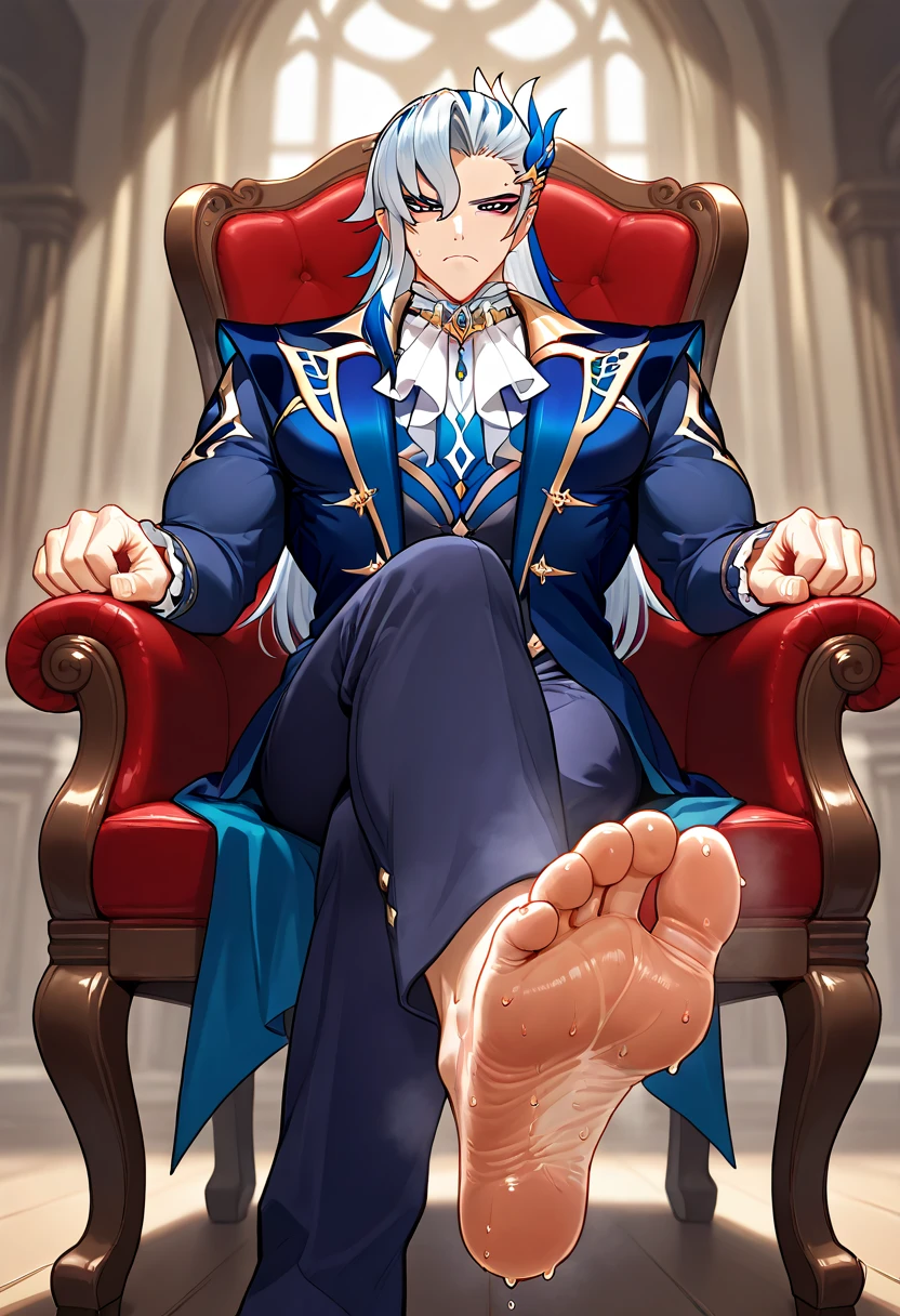 Neuvillette Fontaine Genshin Boy feet scrunching his sweaty soles sitting on chair big dick  serious face showing his muscles