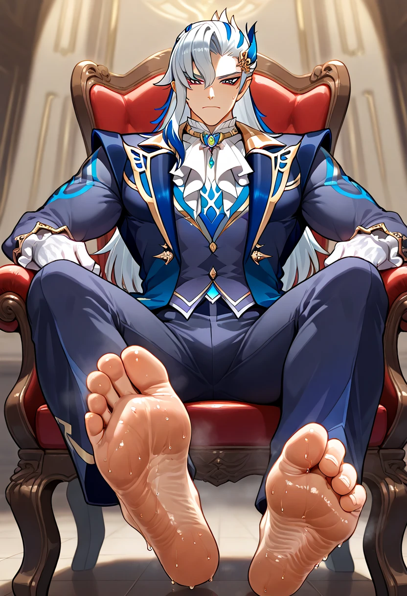 Neuvillette Fontaine Genshin Boy feet scrunching his sweaty soles sitting on chair big dick  serious face showing his muscles