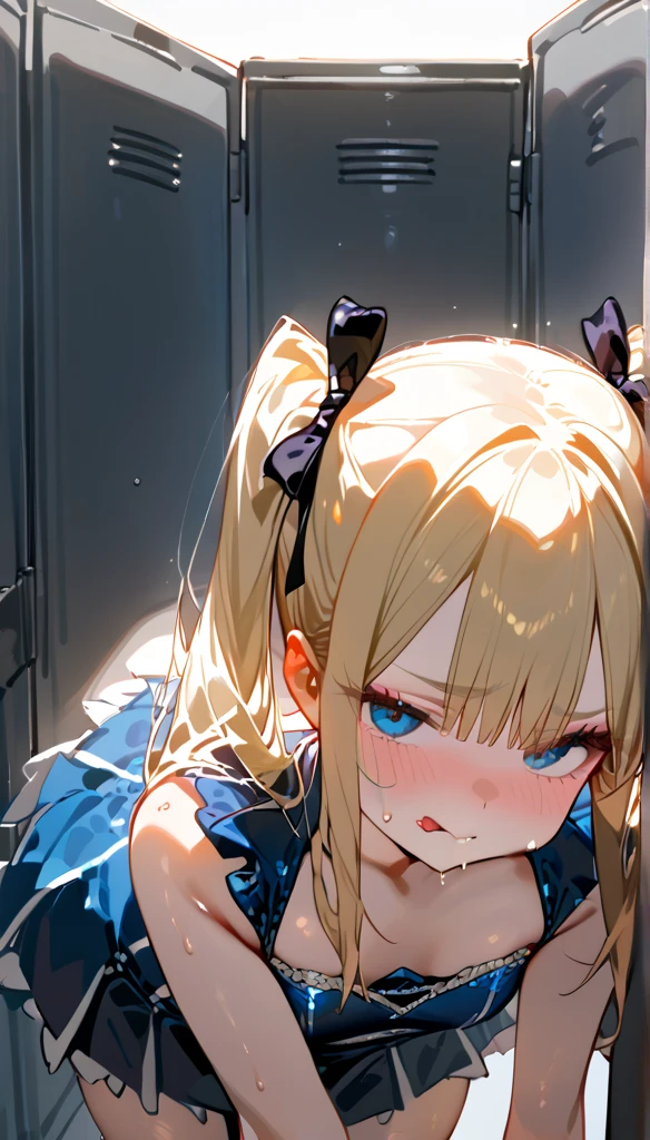 Marie rose, small breasts, one girl, blonde hair, Long Hair, twin tails, blunt bangs, blue eyes, Details Eyes, a young cheerleading girl is standing in locker room,back style,hand on wall,lean over ,much sweat and shiny skin,dazed face,gaze to me,wait for loving blush, Open your mouth, Sticking out tongue, Heavy makeup, Droopy eyes, Licking your lips, Saliva stringiness, Red lips, Fatty face, 