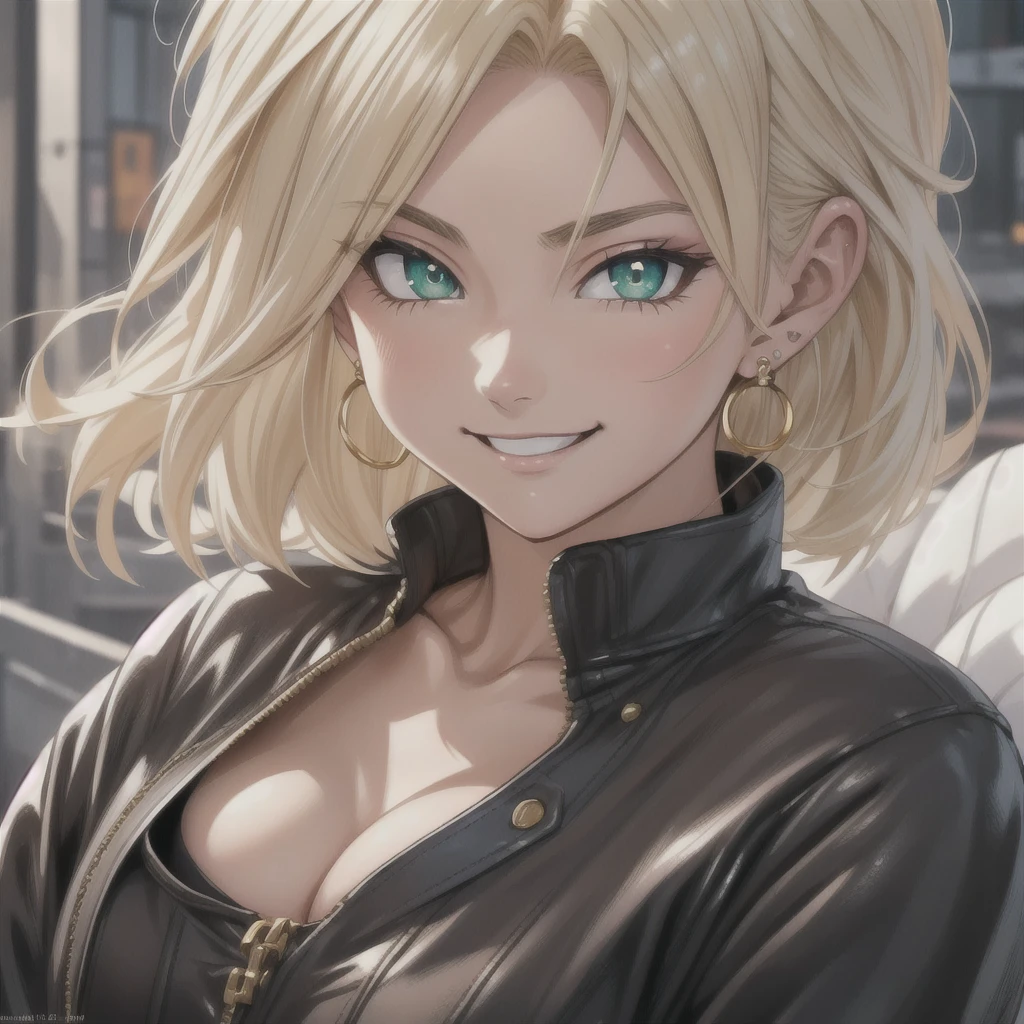  RAW photo, ( highly detailed leather,  detailed eyes :1.1),   intricate details  ,  best quality, 8k UHD,  soft lighting , vegeta, breasts, (femenino:1.2), 1 girl, earrings, jewelry,  white gloves ,  pointed hair , dougi, smile, blonde hair,  green eyes,  super saiyan style 