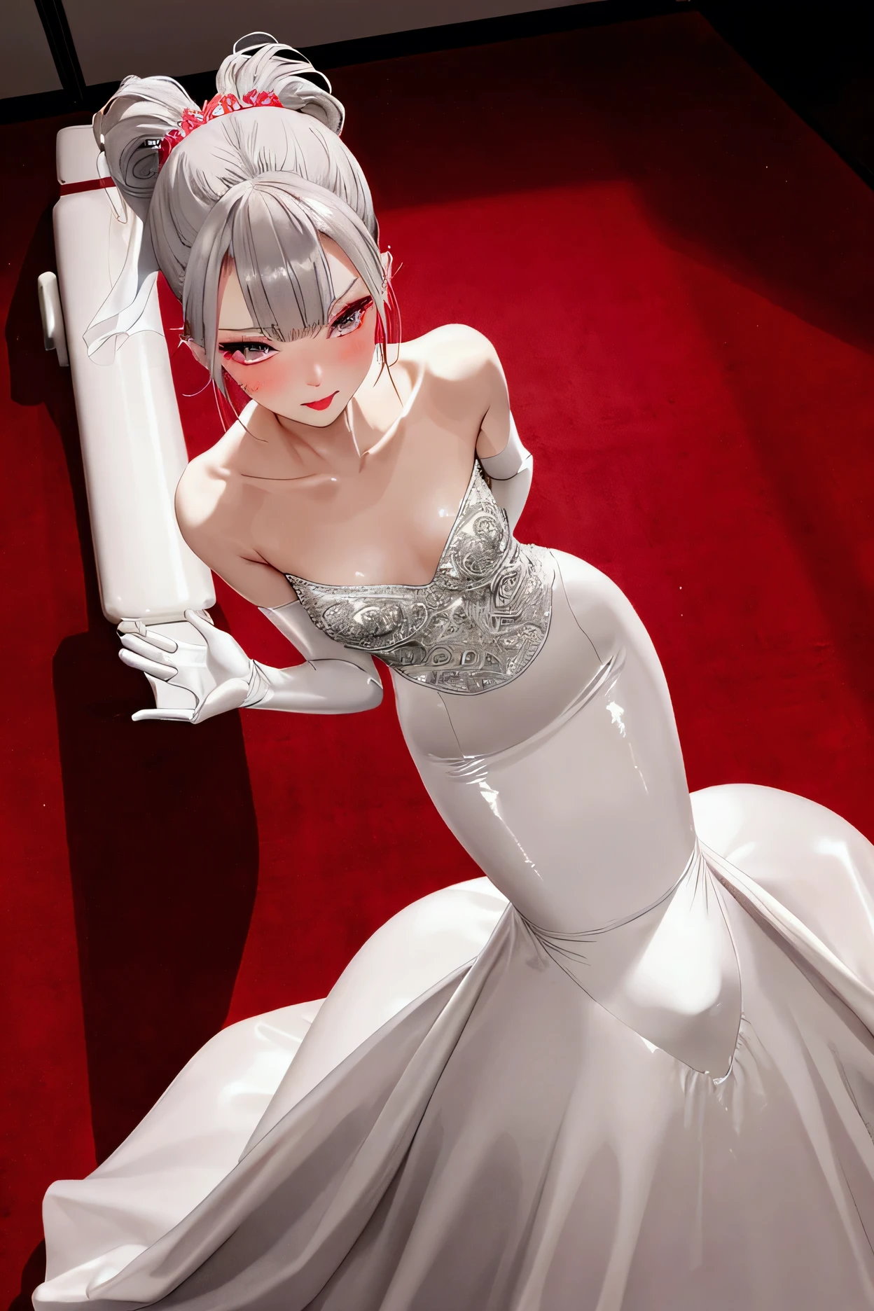 masterpiece, best quality, very aesthetic, absurdres,kamisato ayaka, 1 woman, (beautiful detailed eyes:1.2),(elegant silver dress,unique design,intricate details,detailed texture),hands on hip,(cowboy body shot:1.3),soft glow,high resolution,ultra high resolution textures,looking at viewer,(film festival,red carpet),