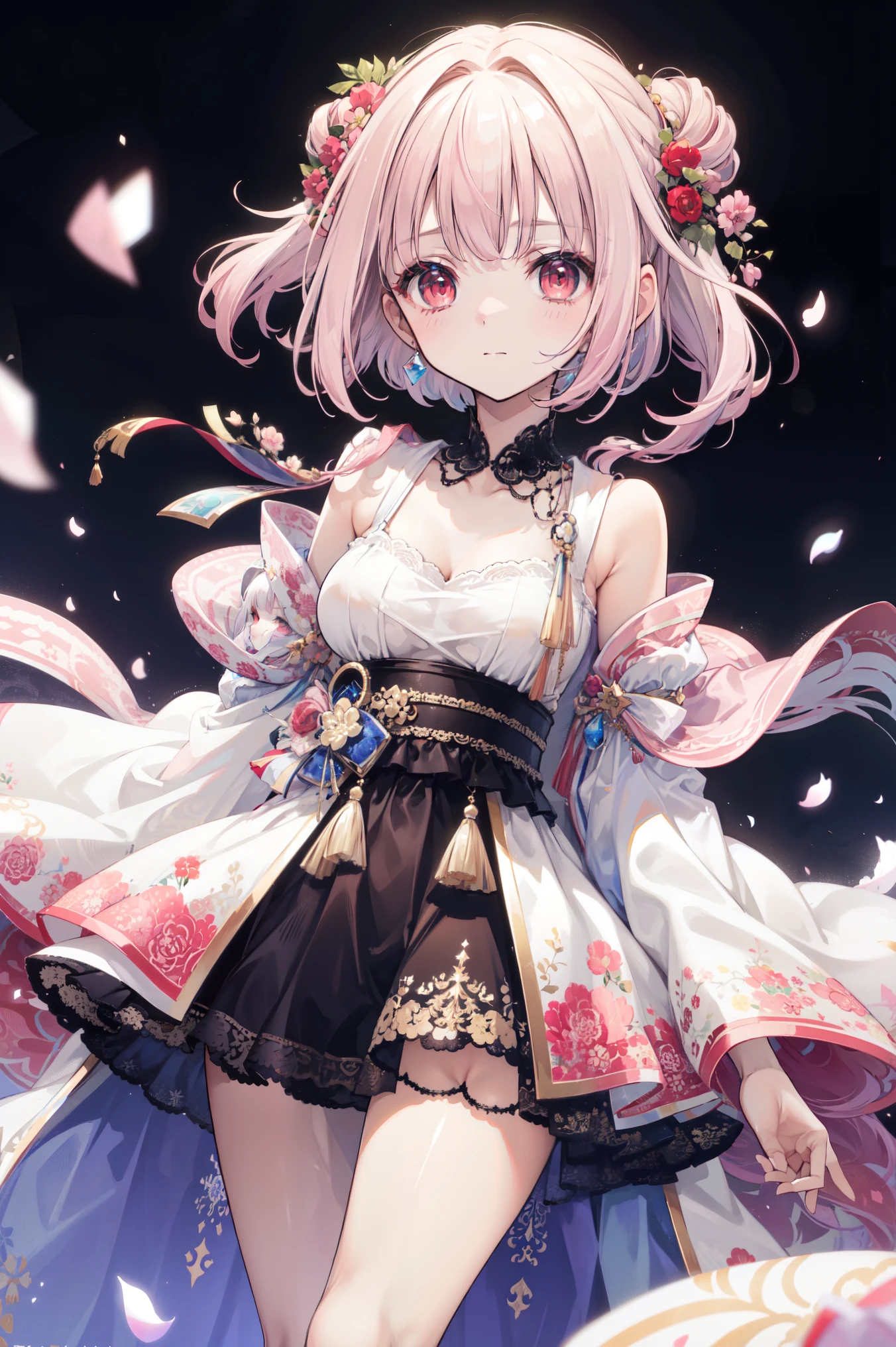 (((Best quality, high-resolution , masterpiece , masterpiece , Best, high-resolution ))). a girl , Lonely. (((My is beautiful, Cute Girl, has beautiful pink hair , Short, Slender figure , and anime faces))). She's a young girl , About ten years old, with beautiful white skin and medium length hair, tied it into a big bun . She has depth, shining red eyes,tilt. There was no expression on her face.. Her body and adolescent breasts are medically correct. Her limbs are slender, her limbs and fingers are medically correct . Her skirt is white,Very short ((robe)), Hazy and transparent , has a blue ivy pattern . When she poses , When she poses , Her clothes fluttered in the wind . her background is a simple starry sky .