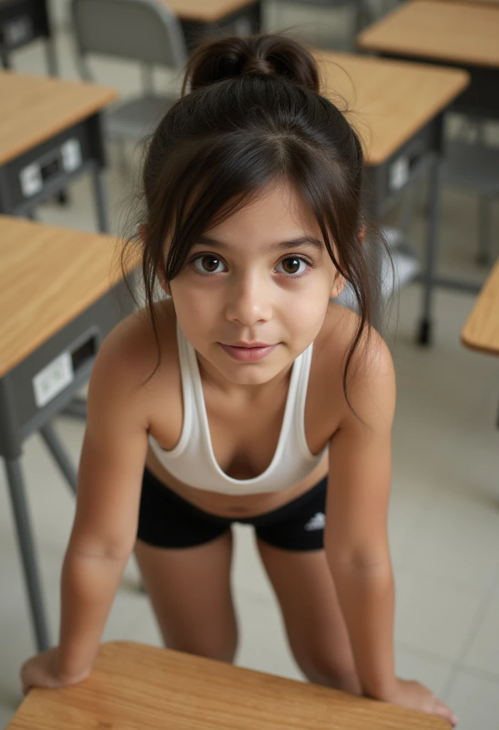  young girl 10 años , s,American, niedliches kurzes weißes Top , Kurze Schwarze Yogahose  , surprised, High angle view,  looks at the viewer, in the classroom, cute face, 4K,  leaning on the desk, sweet ass.