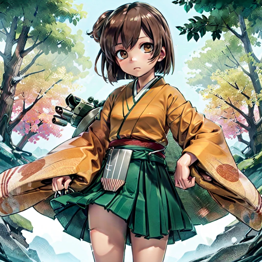 hiryuukc, 1girl, orange kimono, wide sleeves, green hakama, hakama short skirt, brown hair, brown eyes, one side up,