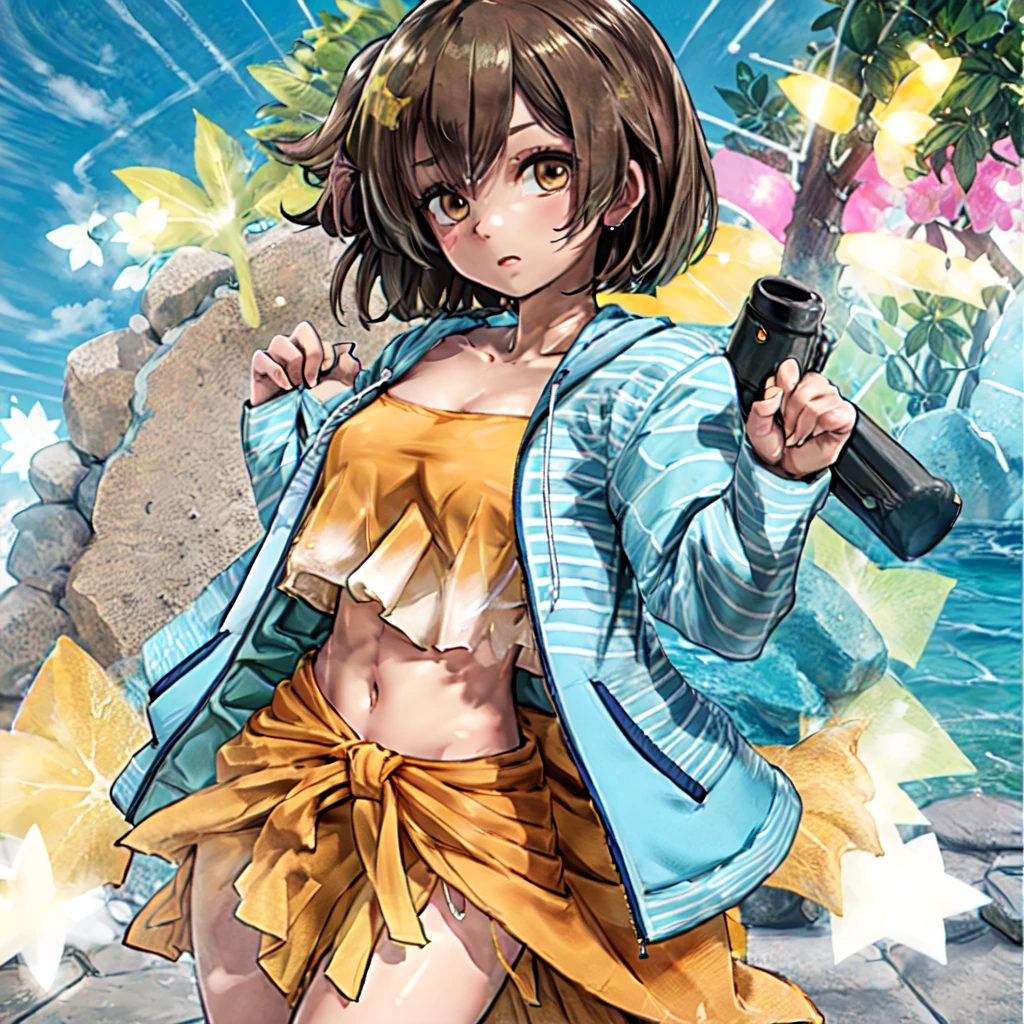 hiryuusummer, 1girl, (striped hoodie), blue hoodie, open clothing, open jacket, orange bikini, crop top, bandeau, tube top, frills, midriff, open jacket, bikini under clothes, sarong, brown hair, brown eyes, one side up,