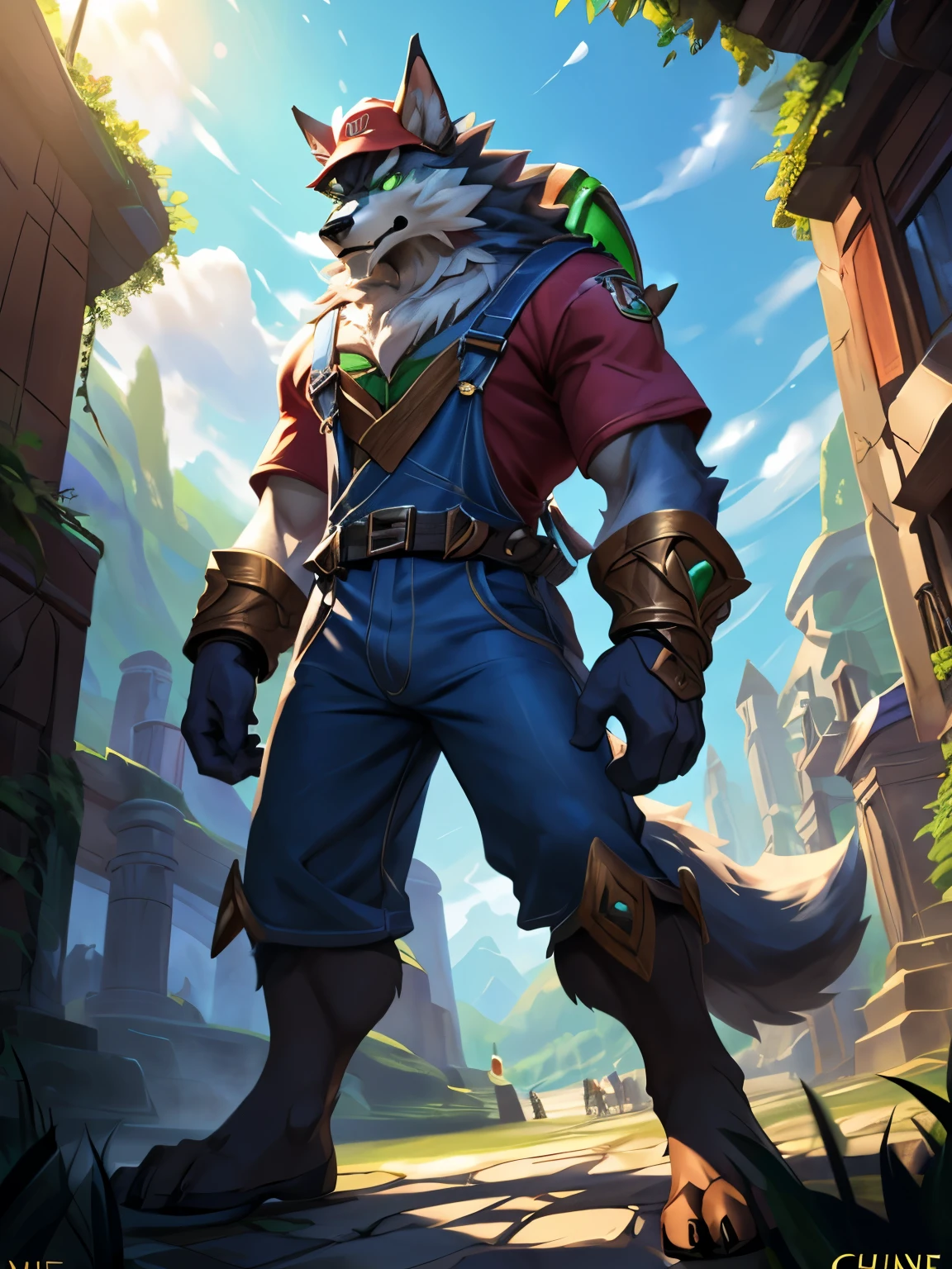 4k, ,8K, A high resolution, best quality, perfect colors, perfect shadows, perfect lighting, posted on e621, (by Chunie), male, furry, Wolf anthro, warwick \(lol\), solo, (Wolf Tail), fur, green eyes, (Realistic eye details 1.2), (masterpiece), (bestquality) supermario, blue overalls, red shirt, red cap, white gloves on both hands, mushroom kingdom in the background, giant mushrooms in the background, dramatic lighting, soft lighting, day, highly detail, Hair coiled, in a panoramic view, Slim body, full body like, fit body, perfect male figure, Detailed fur, Detailed face, (Complex), (Super Detail), (Ultra Clear), (Best Quality)