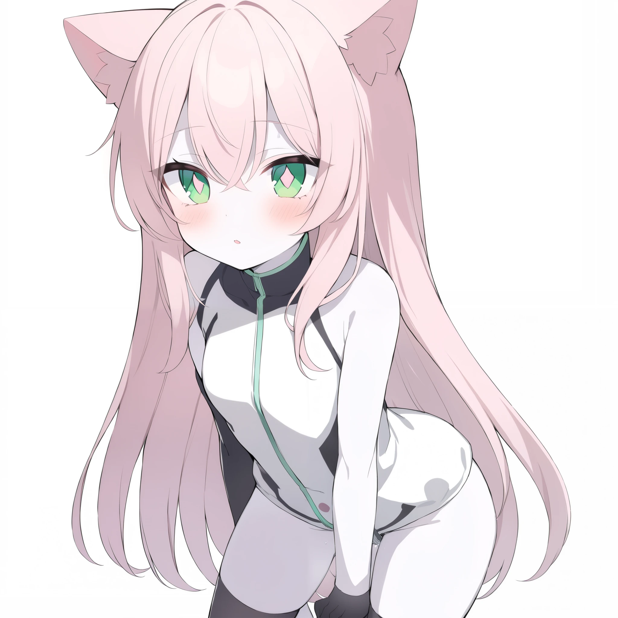  Medium quality ,  A girl, pale skin, blush, rosy shoulders , series,  long hair, straight hair,  fringe on eyes ,  green eyes,  dark green pupils ,  white glitter on the eyes,neko girl, Alone,  white background,  light pink hair, sexy girl, body jacket,  Half Standing ,  vagina sample Sexy, Purring and  