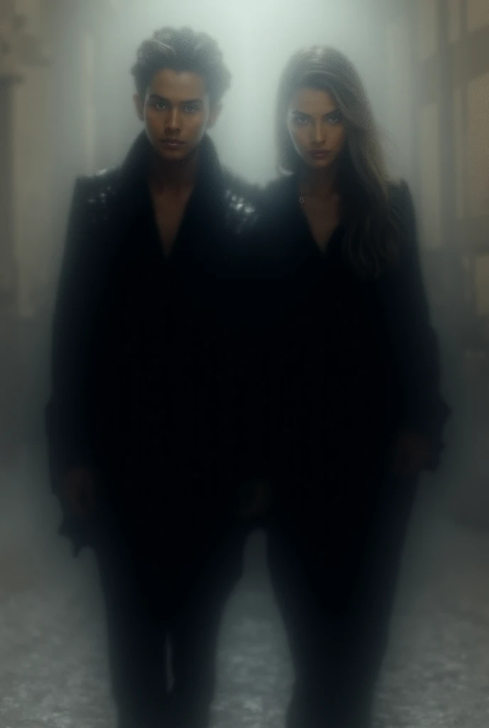 (melhor qualidade, ultradetalhado, realista: 1,37), close-up de um casal, (1homem moreno) (1mulher loira), mulher vestindo roupas brancas, homem vestindo roupas pretas, hiperrealista, hiperdetalhado