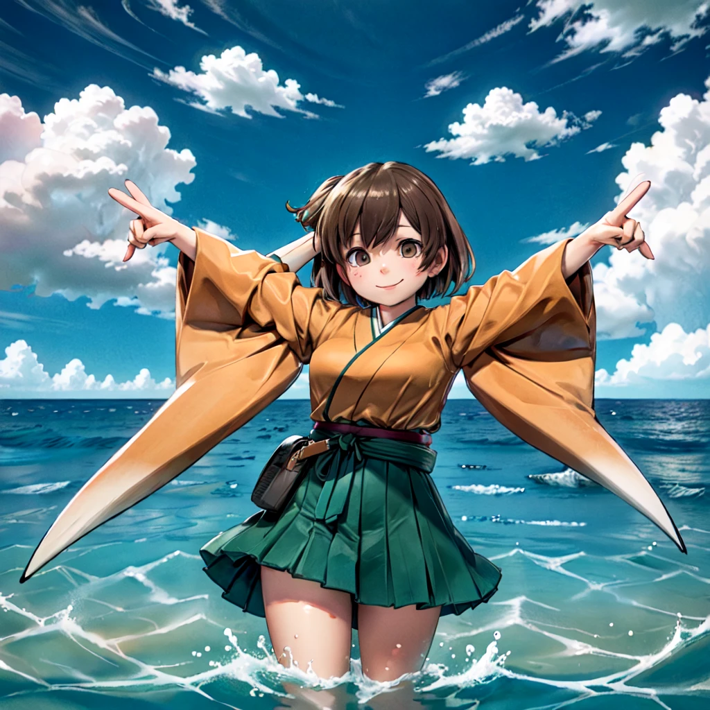 (masterpiece), (best quality), (ultra-detailed), photorealistic, (best illustration), (an extremely delicate and beautiful),1girl, hiryuukc, orange kimono, one side up, brown eyes, brown hair, green hakama, hakama short skirt, [outstretched arms::0.35], smile, cowboy shot, detailed scenery, ocean, horizon, blue sky, cloudy sky, facing viewer, wading, [:(peace sign):0.35], [:(hand in own hair):0.35]