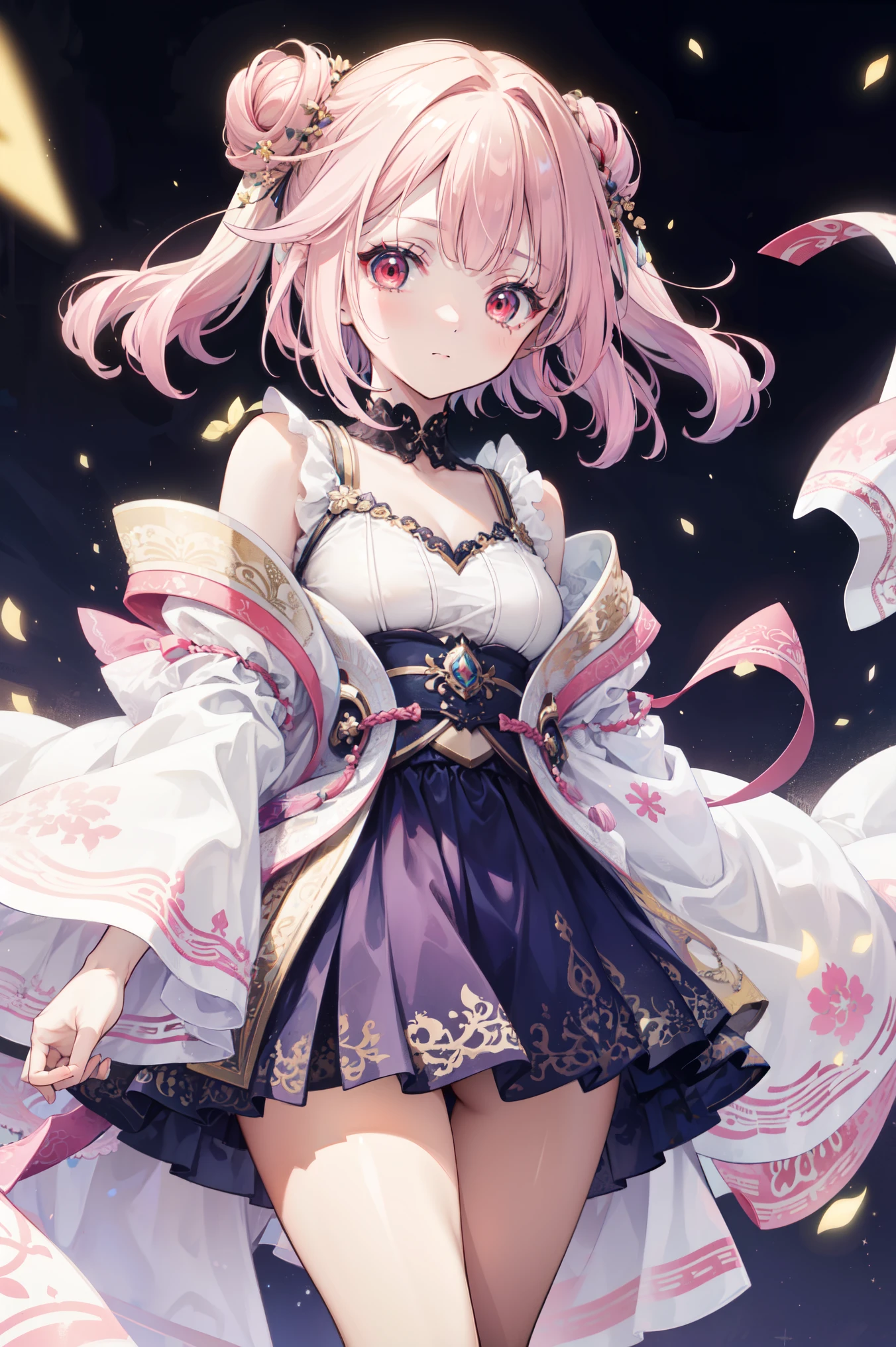 (((Best quality, high-resolution , masterpiece , masterpiece , Best, high-resolution ))). a girl , Lonely. (((My is beautiful, Cute Girl, has beautiful pink hair , Short, Slender figure , and anime faces))). She's a young girl , About ten years old, with beautiful white skin and medium length hair, tied it into a big bun . She has depth, shining red eyes,tilt. There is no expression on her face .. Her body and adolescent breasts are medically correct. Her limbs are slender, her limbs and fingers are medically correct . Her skirt is white,Very short ((robe)), Hazy and transparent , has a blue ivy pattern . When she poses , When she poses , Her clothes fluttered in the wind . her background is a simple starry sky .
