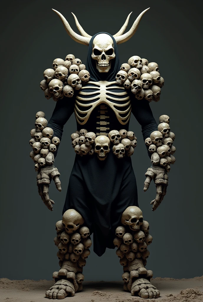 Make a picture of a skull with a hood, with arms and abs, to make himself look muscular, on black and white background, that the image is centered from the head to the hip, Black background