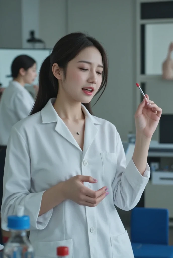  split screen. left: a picture of a female scientist passionately teaching a physics concept. right: the same scientist orgasming on bed, naked