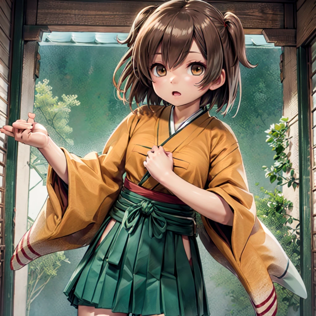 hiryuukc, 1girl, orange kimono, wide sleeves, green hakama, hakama short skirt, brown hair, brown eyes, one side up,