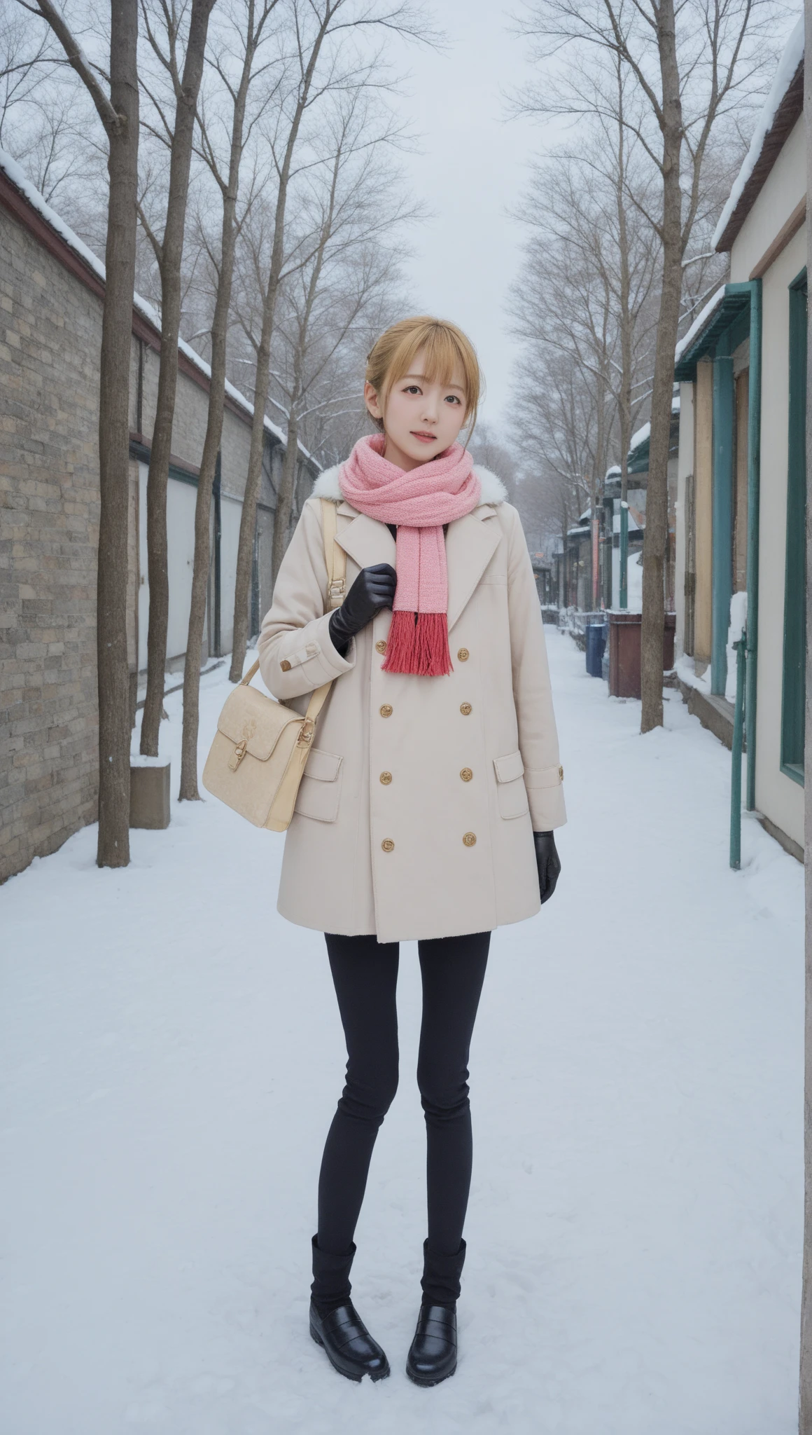 (masterpiece, 最 High Quality ,  High Quality ,  Ultra Details,  ultra-realistic  , 4K),  20-year-old Russian woman , ((Short blonde)),  standing in a snowy winter scene . 彼女は色白in明るい目をしている, in、柔らかな線と鮮やかな色in描かれた着心地の良い冬服 .  her outfit is stylish ,  warm winter coat with fur lining , thick scarf ,  gloves.  snowflakes gently fluttering around her , 静かin魔法のような雰囲気を作り出しており,  comfortable winter clothes drawn with soft lines and bright colors {x} in the background It's there 