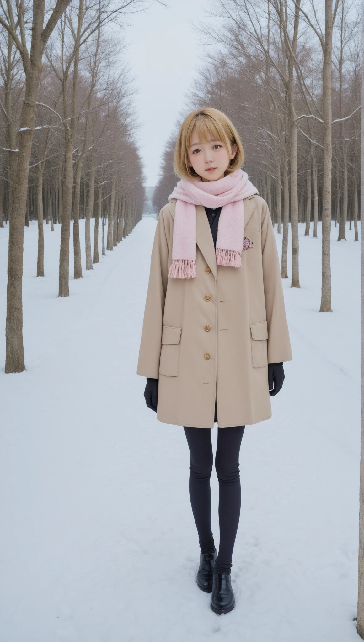 (masterpiece, 最 High Quality ,  High Quality ,  Ultra Details,  ultra-realistic  , 4K),  20-year-old Russian woman , ((Short blonde)),  standing in a snowy winter scene . 彼女は色白in明るい目をしている, in、柔らかな線と鮮やかな色in描かれた着心地の良い冬服 .  her outfit is stylish ,  warm winter coat with fur lining , thick scarf ,  gloves.  snowflakes gently fluttering around her , 静かin魔法のような雰囲気を作り出しており,  comfortable winter clothes drawn with soft lines and bright colors {x} in the background It's there 