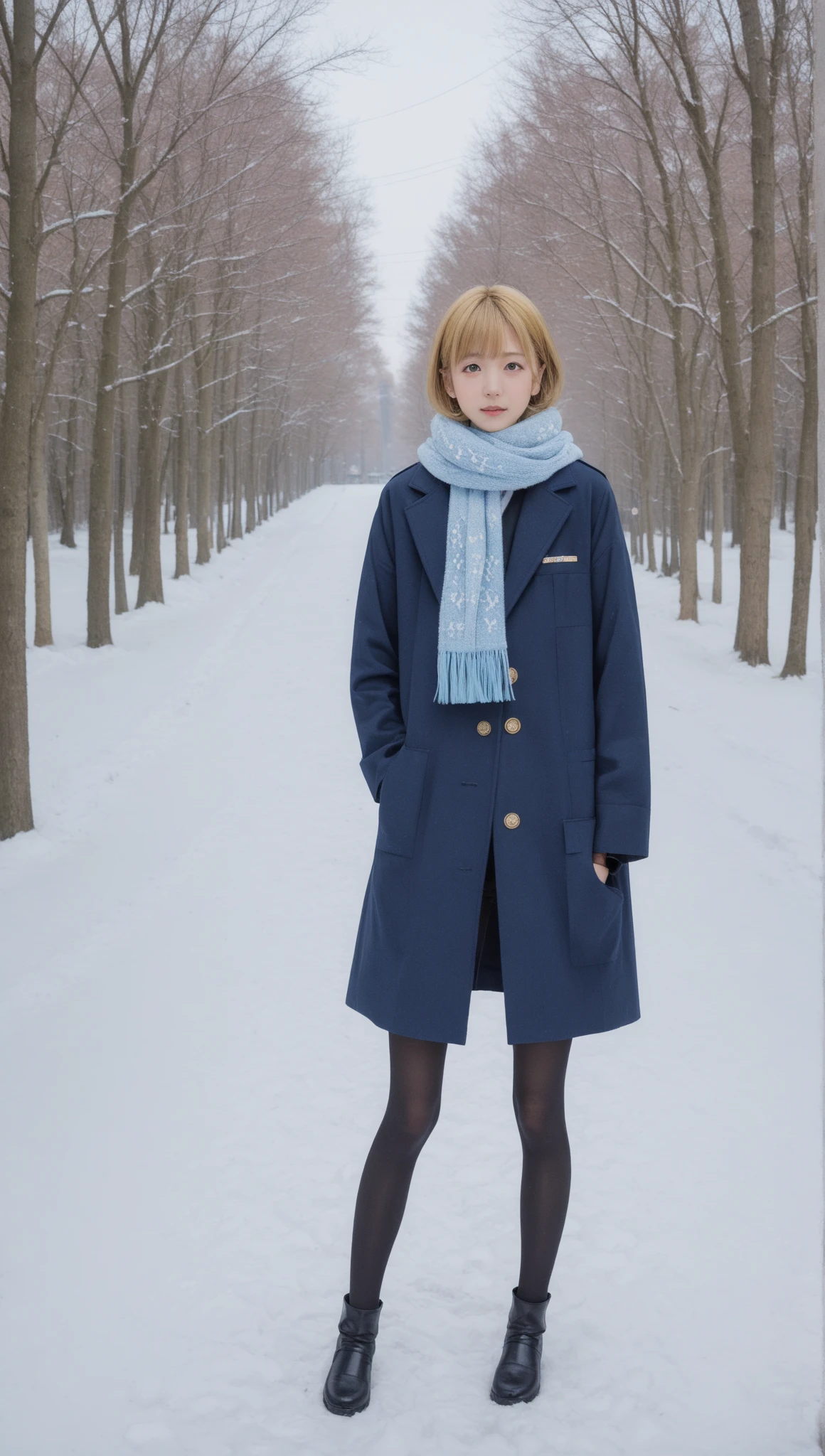 (masterpiece, 最 High Quality ,  High Quality ,  Ultra Details,  ultra-realistic  , 4K),  20-year-old Russian woman , ((Short blonde)),  standing in a snowy winter scene . 彼女は色白in明るい目をしている, in、柔らかな線と鮮やかな色in描かれた着心地の良い冬服 .  her outfit is stylish ,  warm winter coat with fur lining , thick scarf ,  gloves.  snowflakes gently fluttering around her , 静かin魔法のような雰囲気を作り出しており,  comfortable winter clothes drawn with soft lines and bright colors {x} in the background It's there 