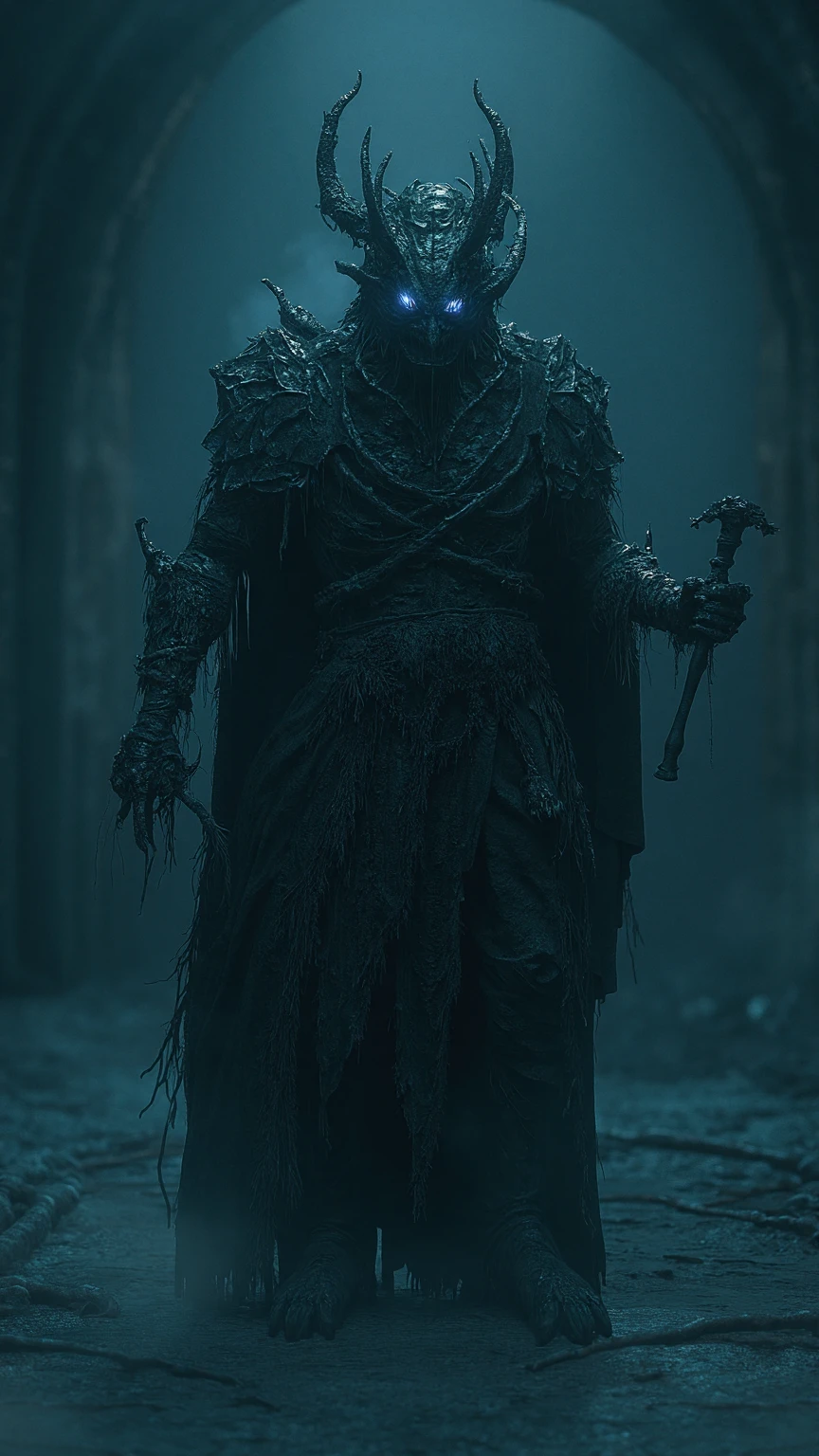  in an icy crypt ， A half-realistic Draug warrior guards ， holding a broken sword in his hand 。  eyes burning with faint blue light ， flickering under a rusty helmet ，And with the torch shining ， frost and cobwebs hanging over his decaying armor。