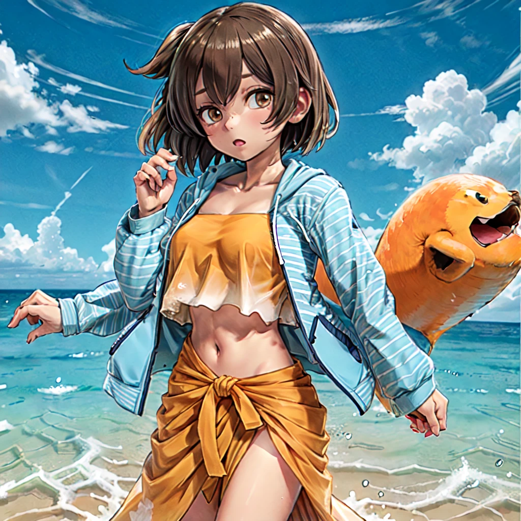 hiryuusummer, 1girl, (striped hoodie), blue hoodie, open clothing, open jacket, orange bikini, crop top, bandeau, tube top, frills, midriff, open jacket, bikini under clothes, sarong, brown hair, brown eyes, one side up,